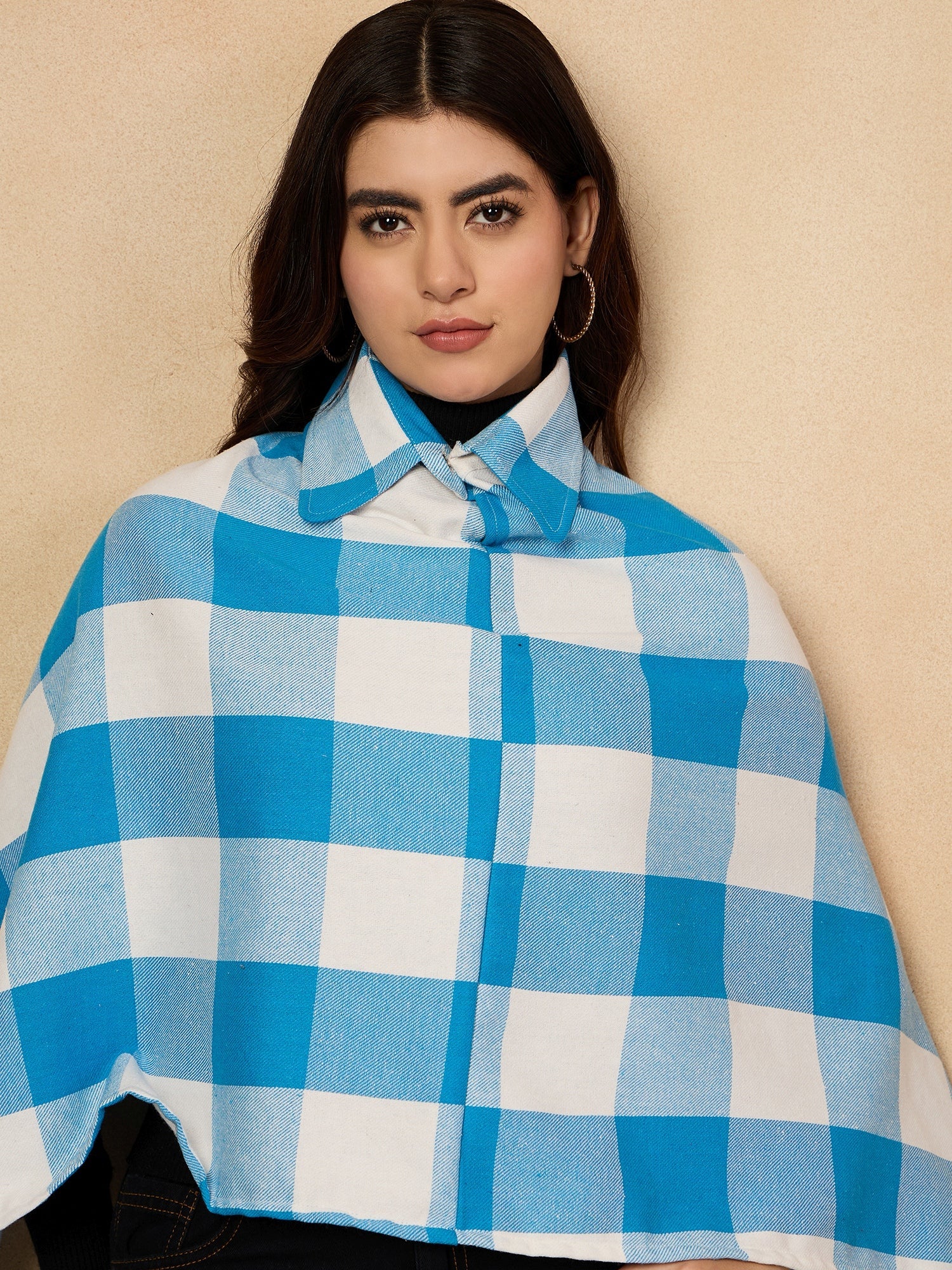 Women's Cyan Blue White Check Collar Poncho - InWeave