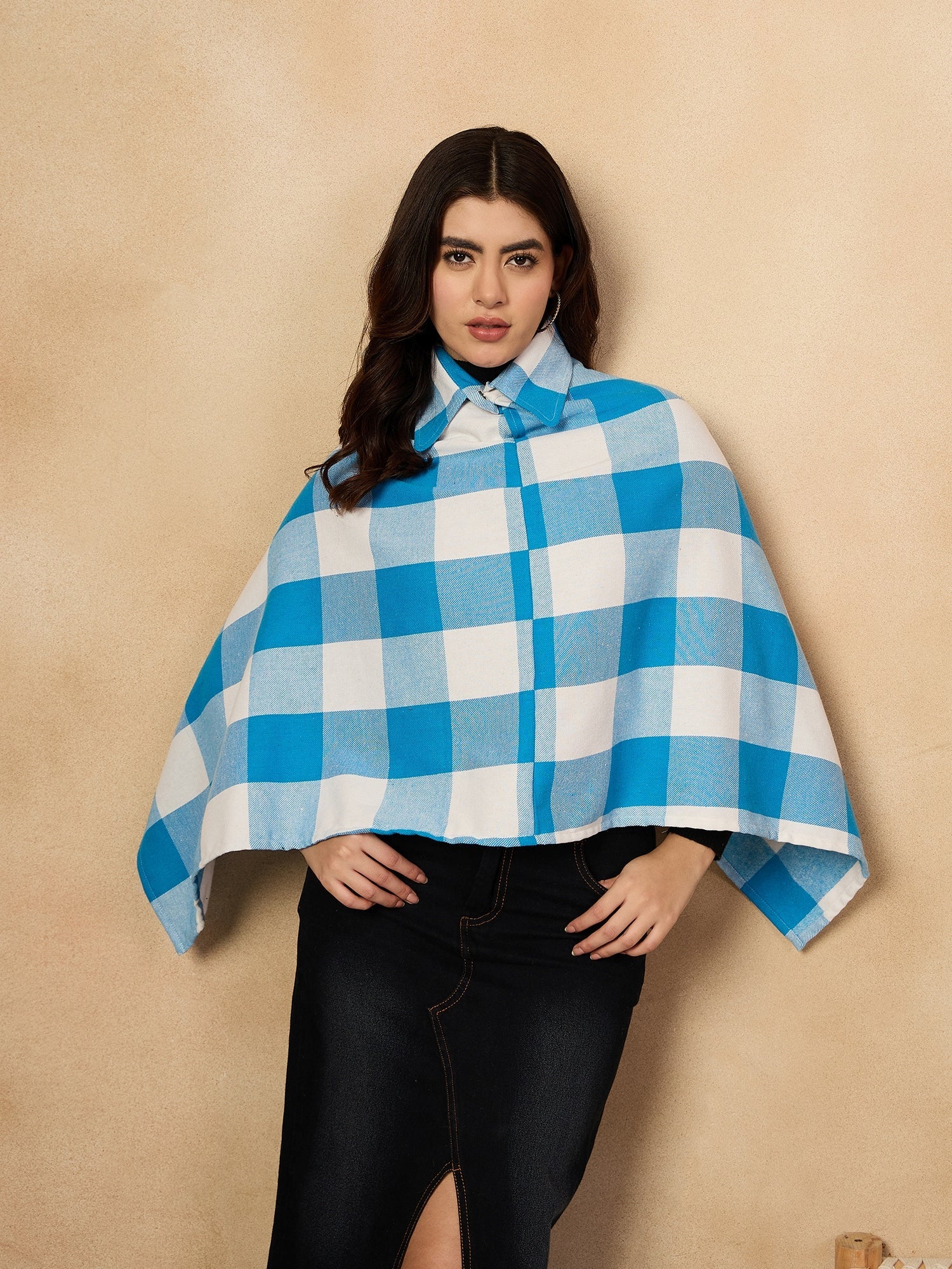 Women's Cyan Blue White Check Collar Poncho - InWeave