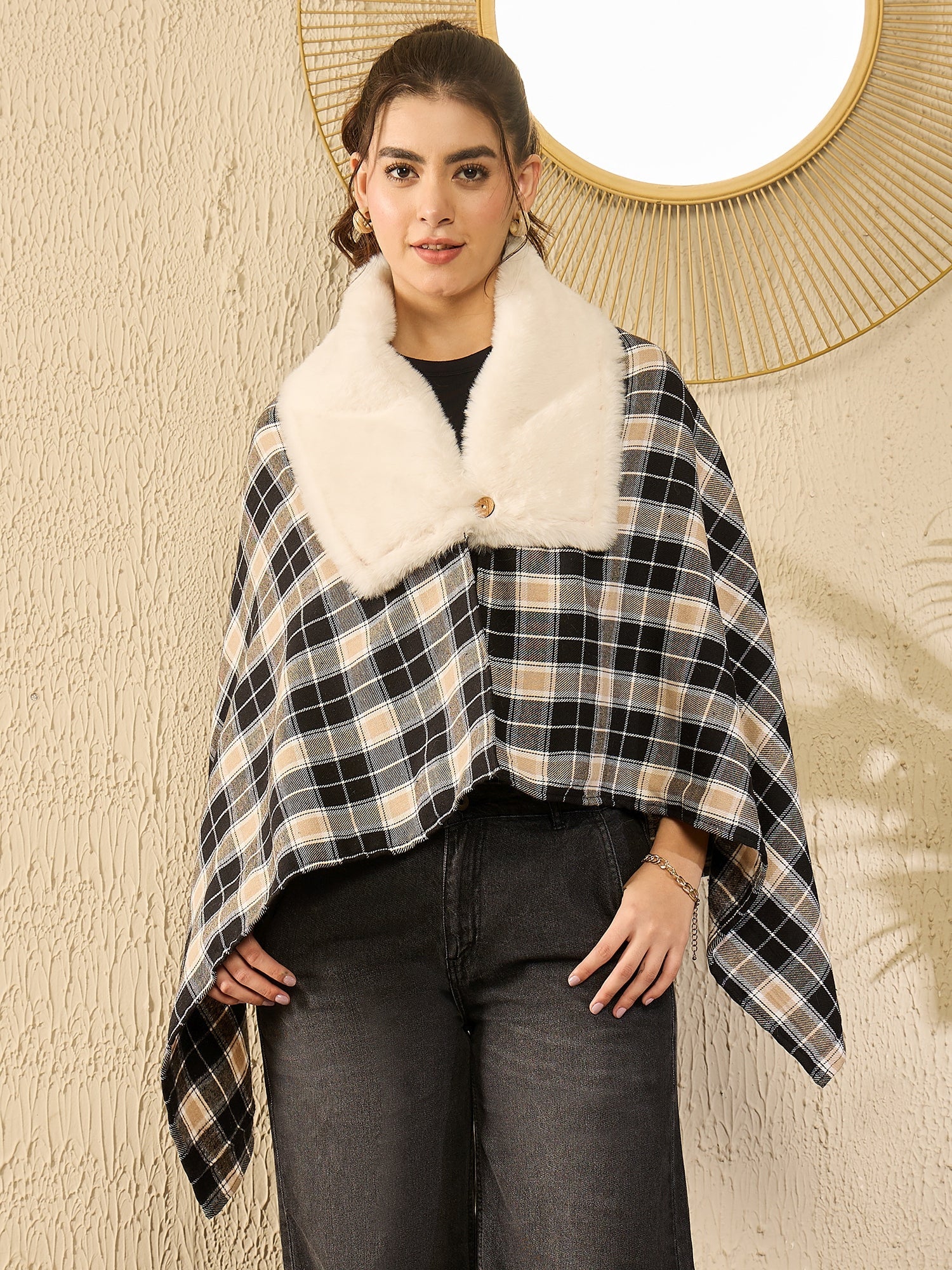 Women's Black Beige Check Cream Fur Poncho - InWeave