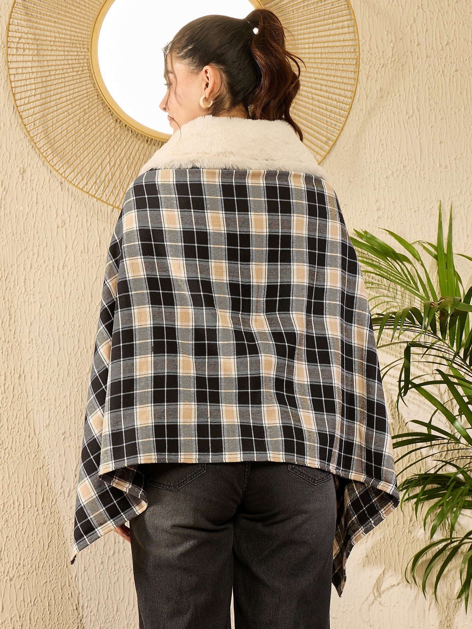 Women's Black Beige Check Cream Fur Poncho - InWeave