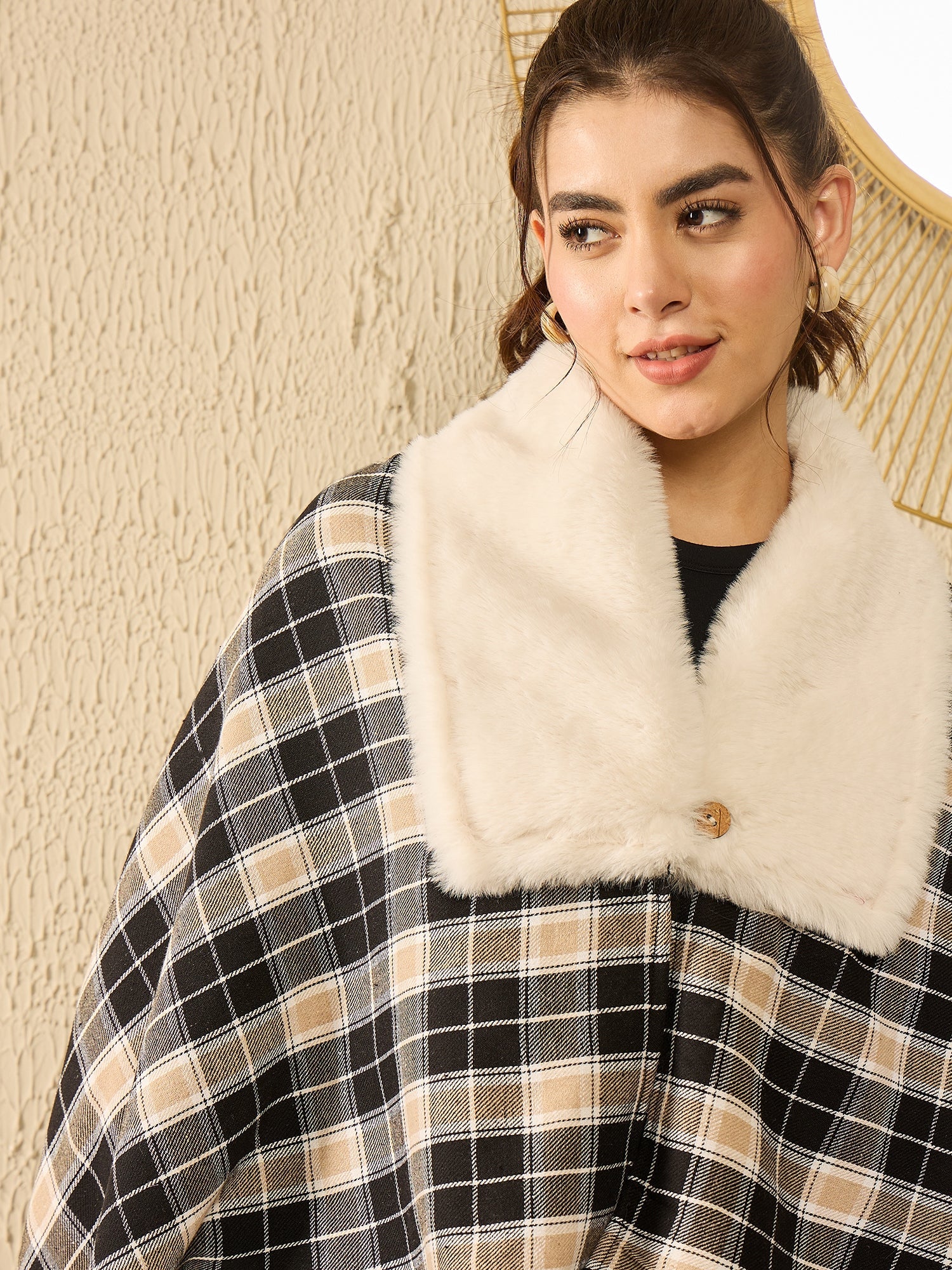 Women's Black Beige Check Cream Fur Poncho - InWeave