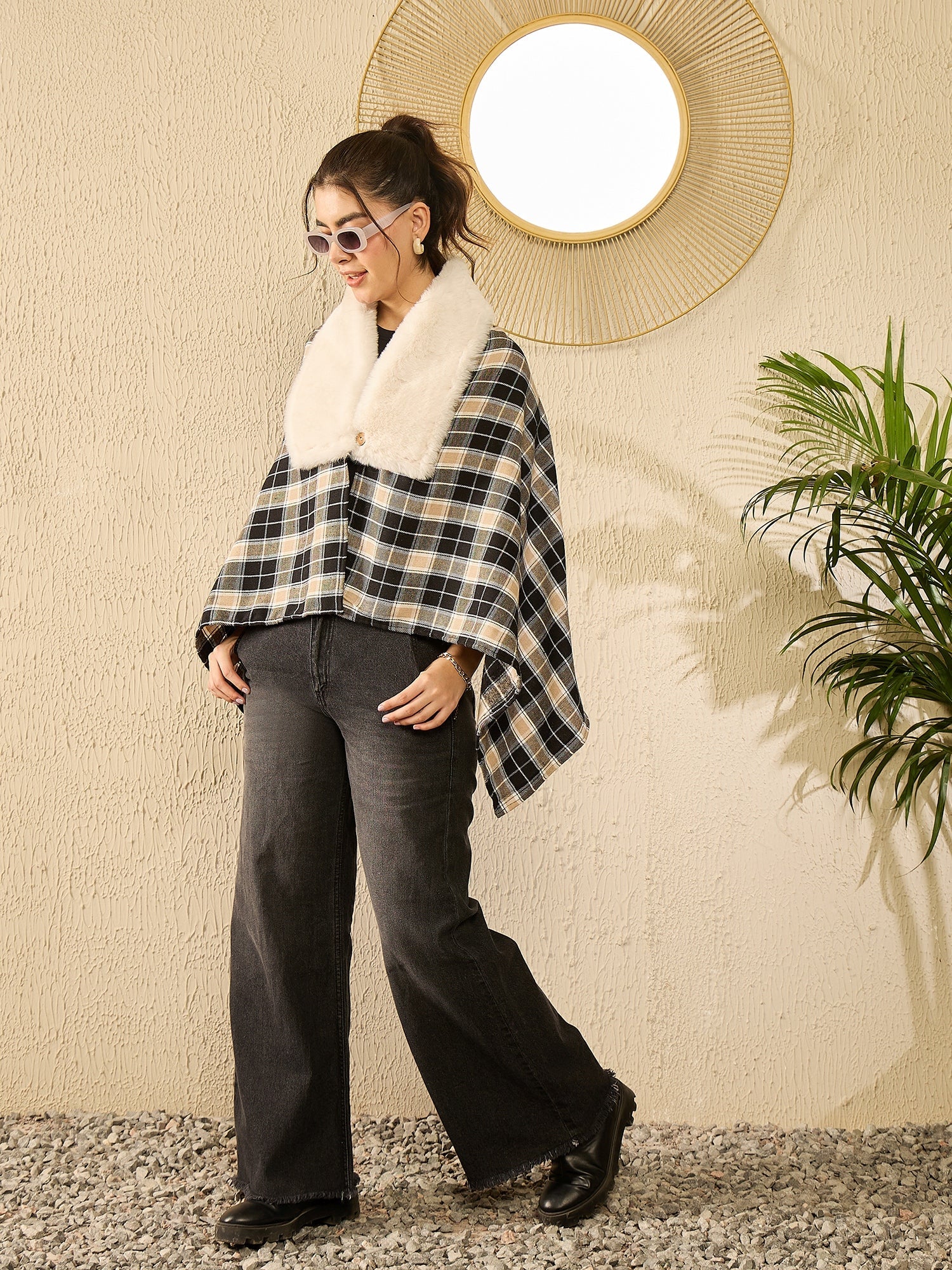 Women's Black Beige Check Cream Fur Poncho - InWeave