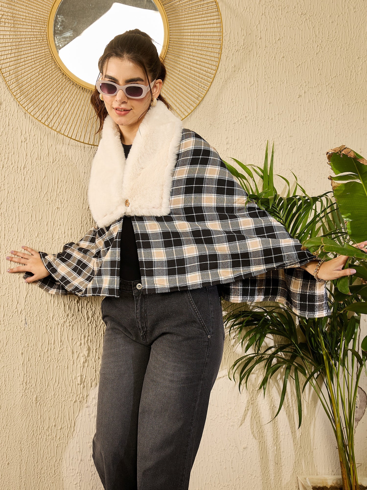 Women's Black Beige Check Cream Fur Poncho - InWeave