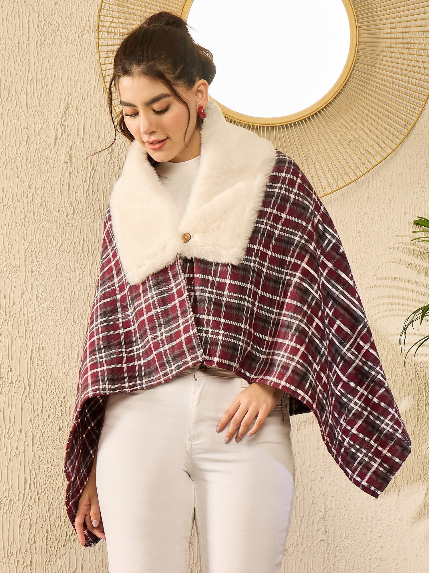 Women's Burgundy Grey Check Cream Fur Poncho - InWeave