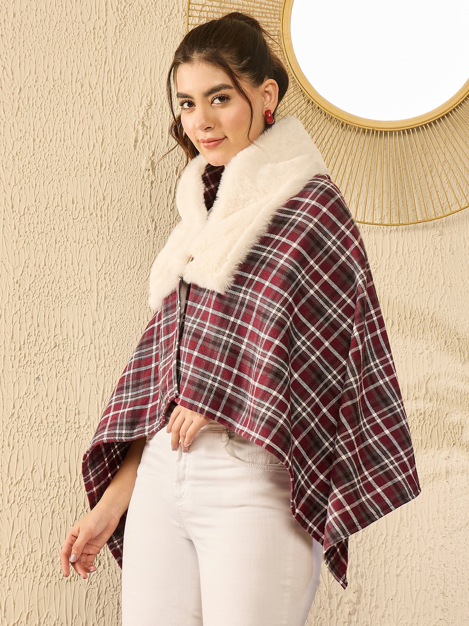 Women's Burgundy Grey Check Cream Fur Poncho - InWeave