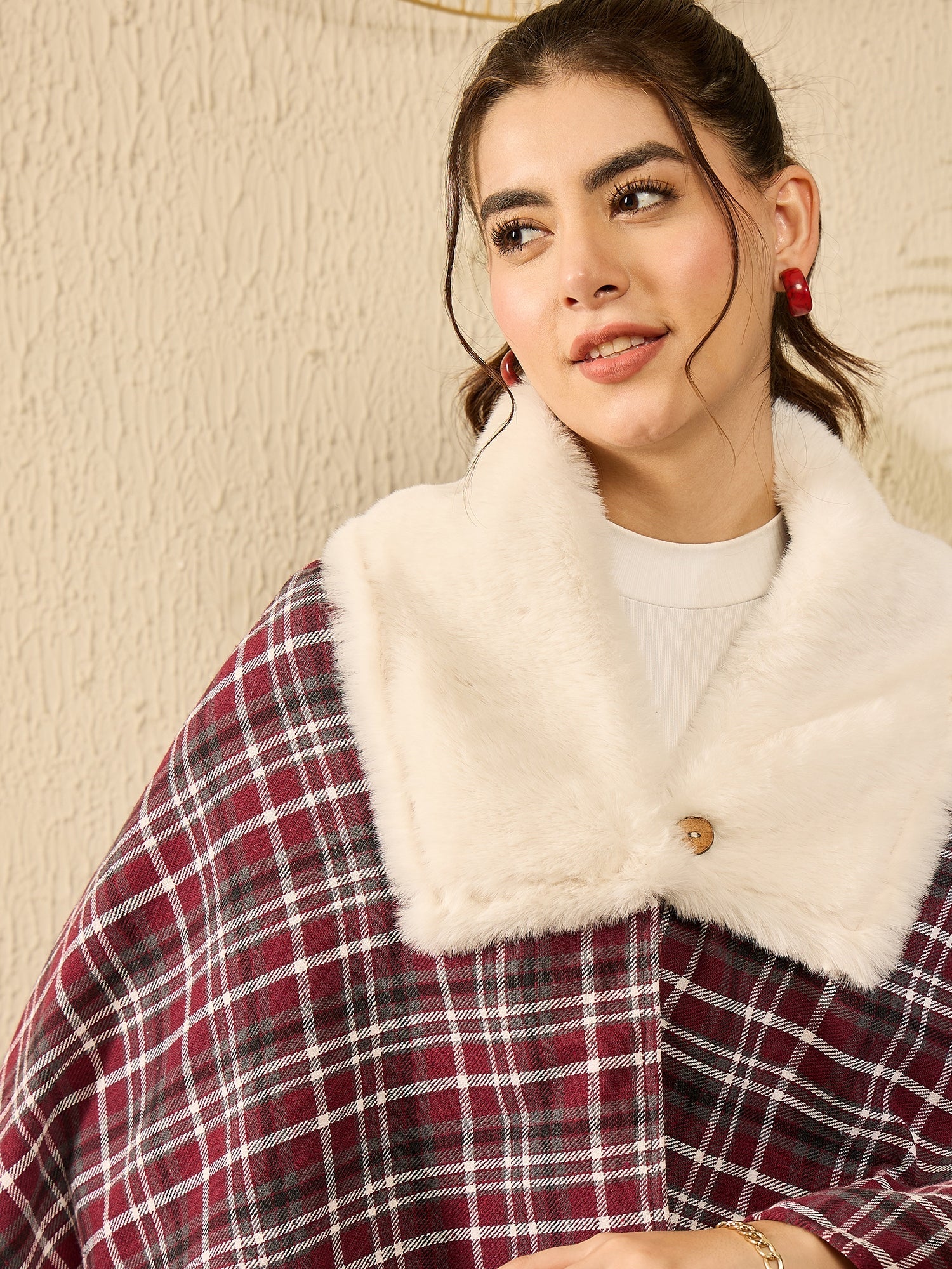 Women's Burgundy Grey Check Cream Fur Poncho - InWeave