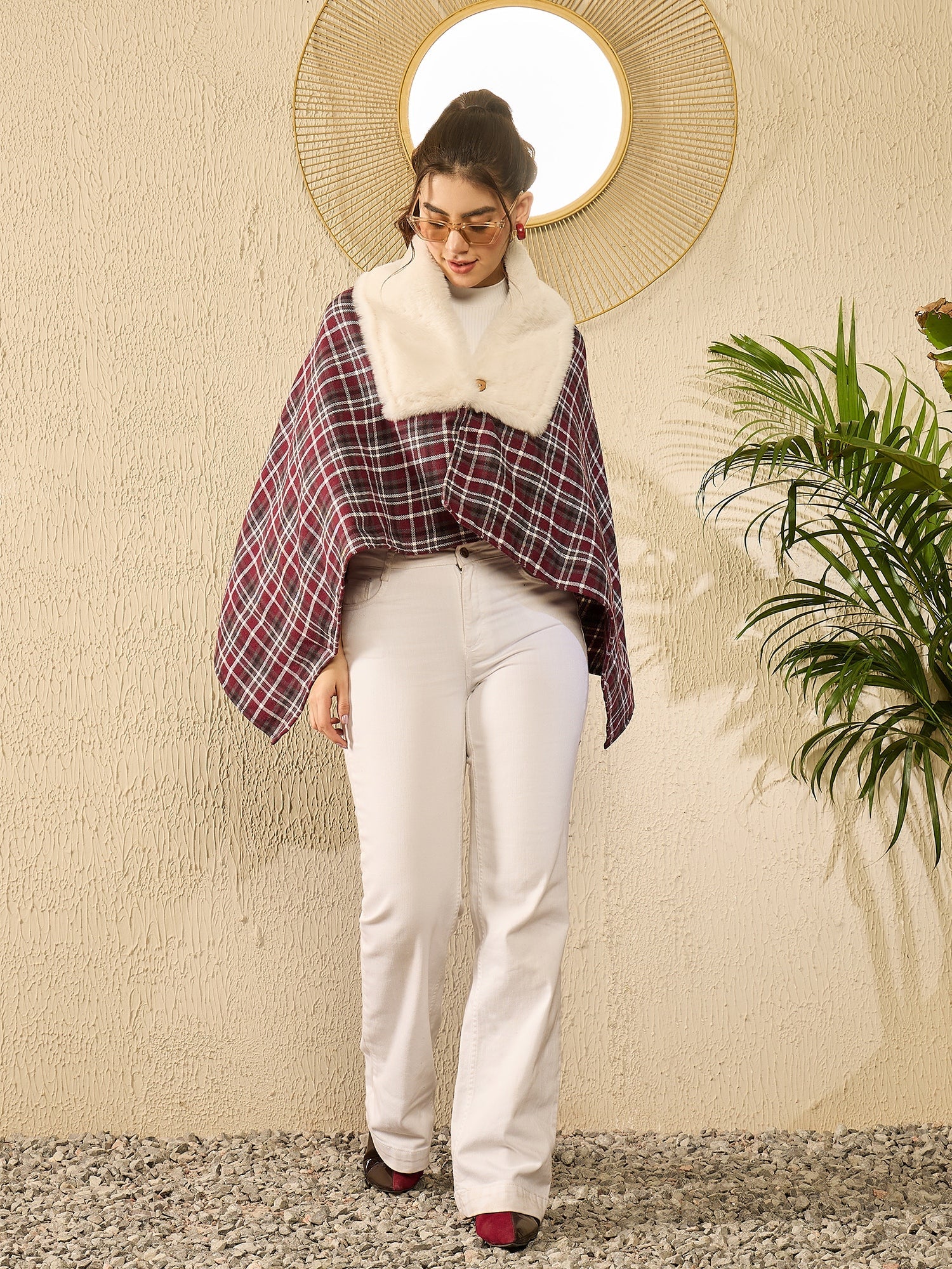 Women's Burgundy Grey Check Cream Fur Poncho - InWeave