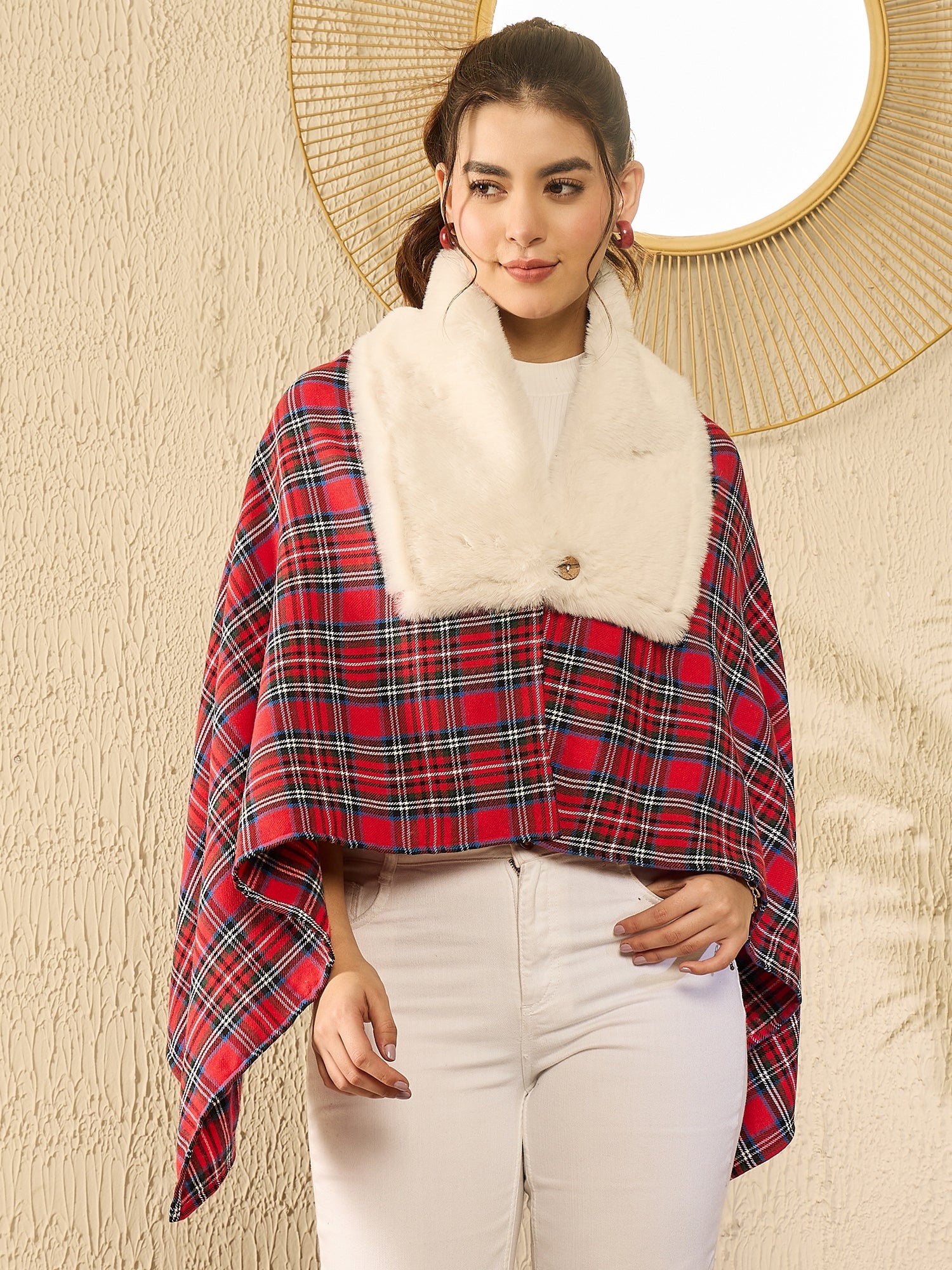 Women's Red Green Check Cream Fur Poncho - InWeave