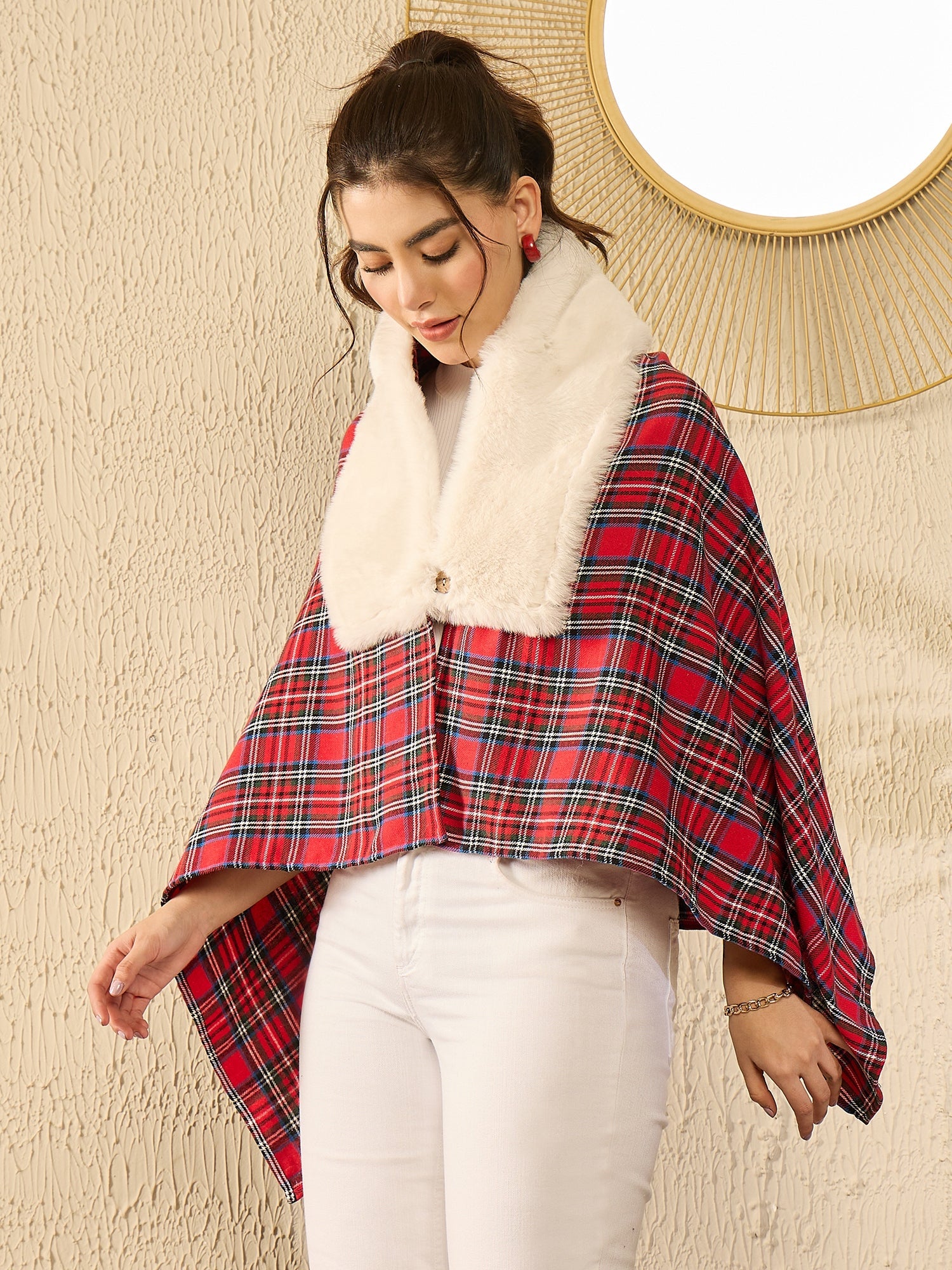 Women's Red Green Check Cream Fur Poncho - InWeave