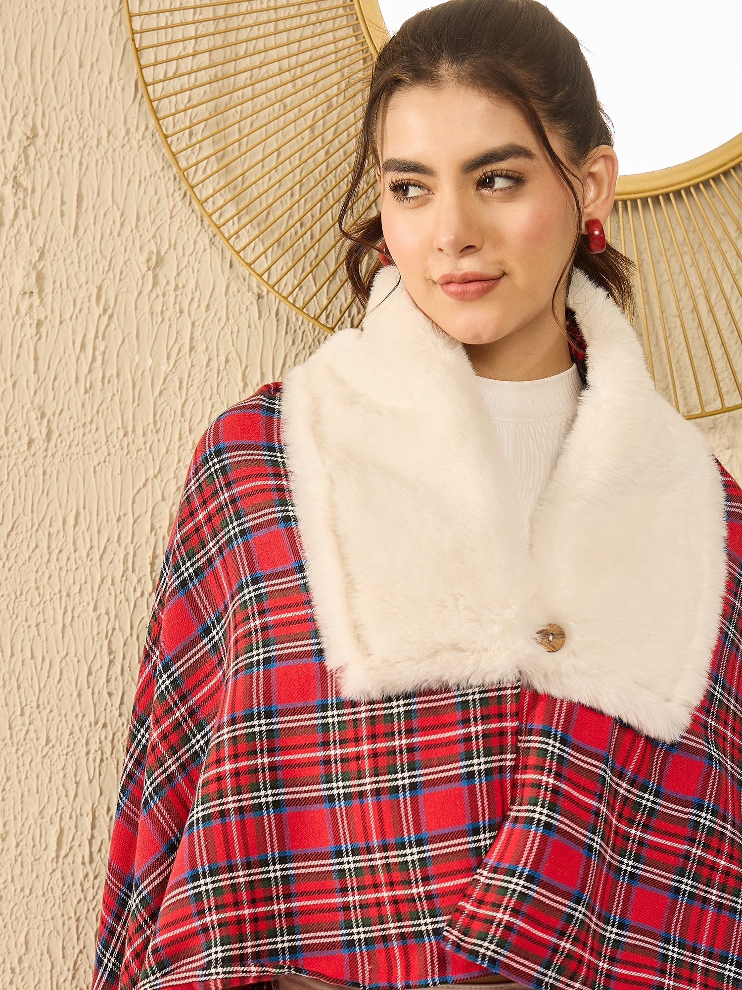 Women's Red Green Check Cream Fur Poncho - InWeave