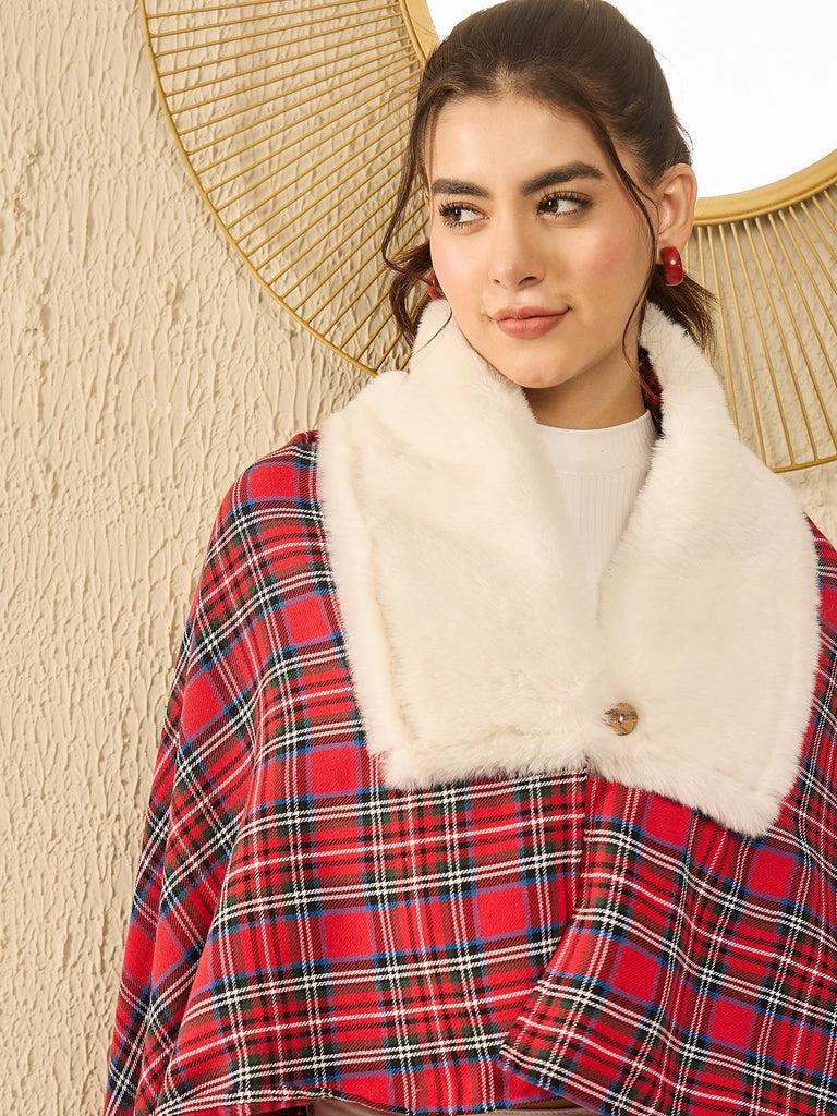 Women's Red Green Check Cream Fur Poncho