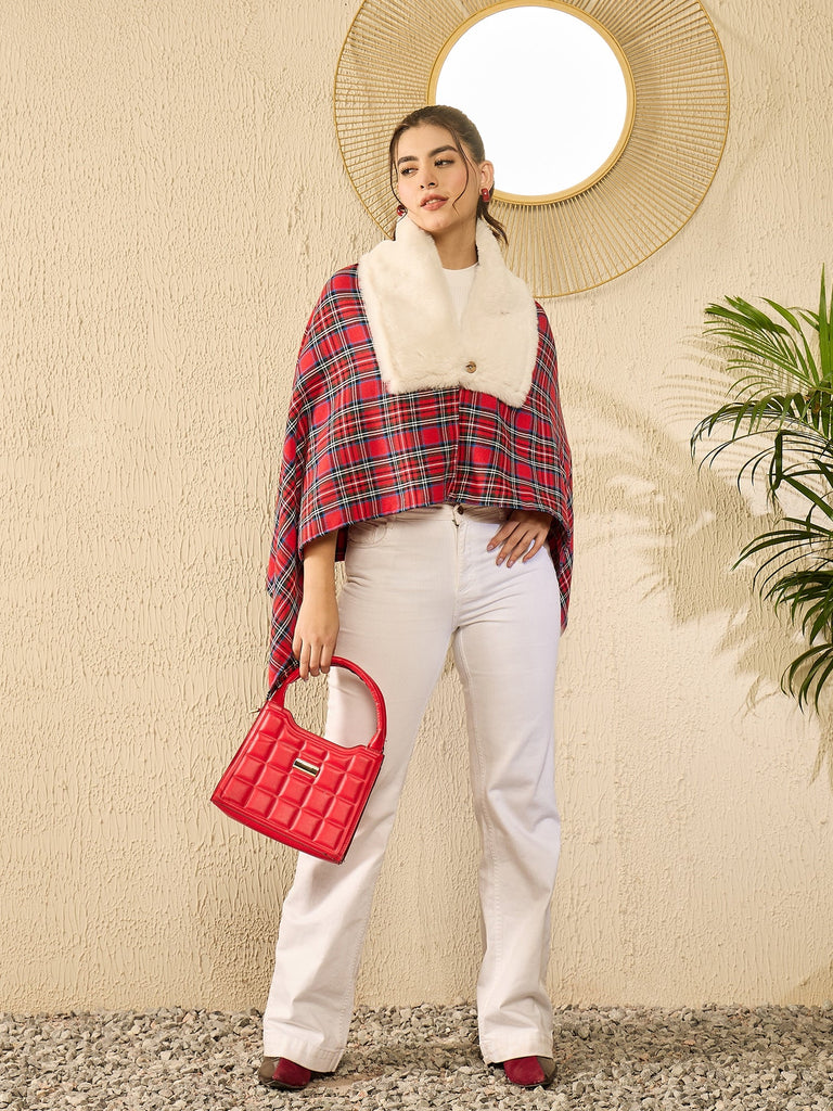 Women's Red Green Check Cream Fur Poncho