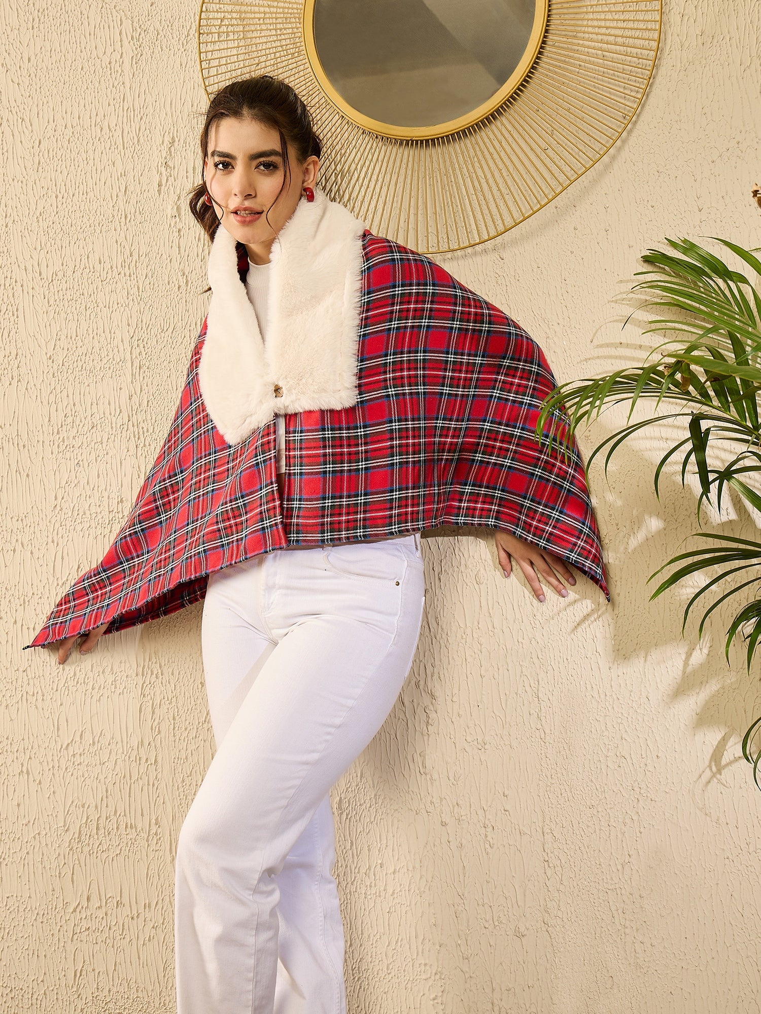 Women's Red Green Check Cream Fur Poncho - InWeave