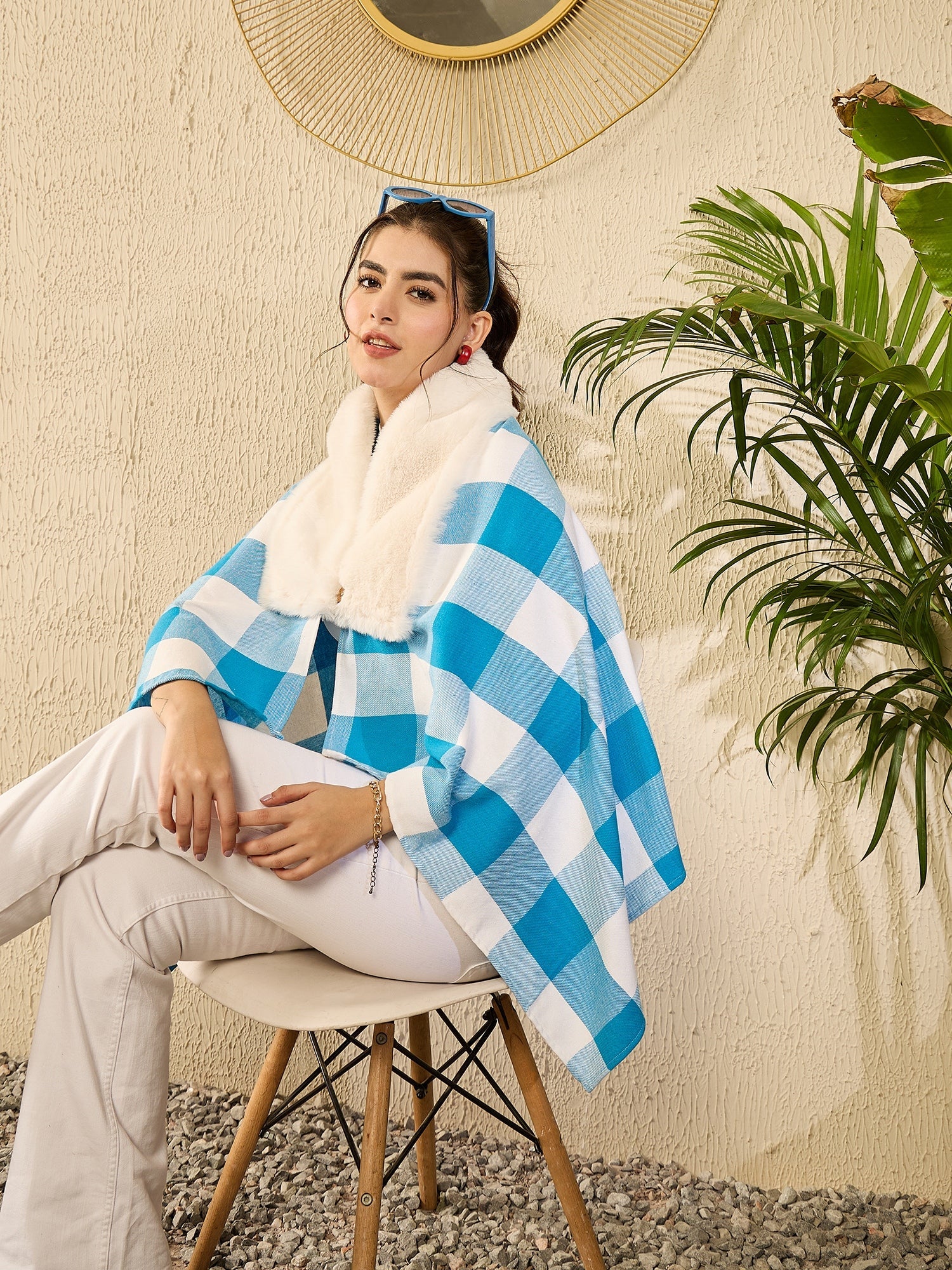 Women's Cyan Blue White Check Cream Fur Poncho - InWeave