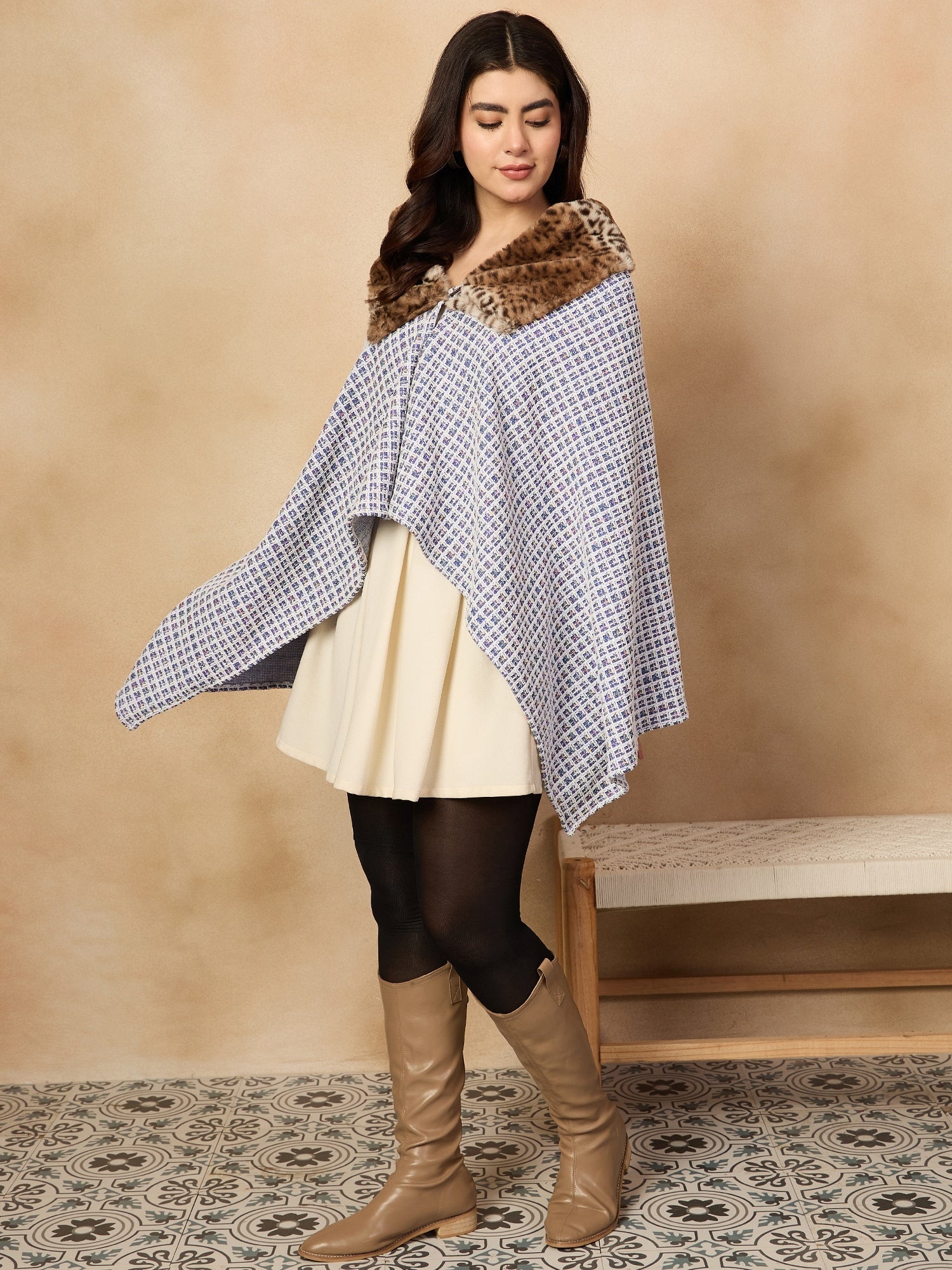 Women's Blue White Check Acrylic Fur Poncho - InWeave