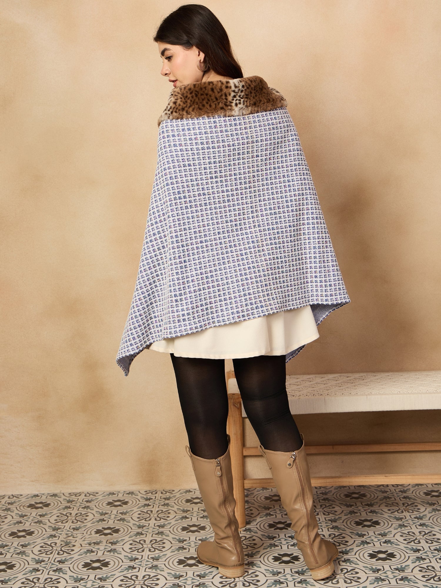 Women's Blue White Check Acrylic Fur Poncho - InWeave