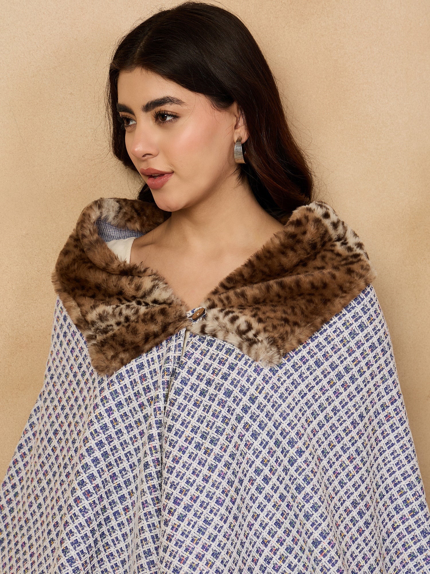 Women's Blue White Check Acrylic Fur Poncho - InWeave