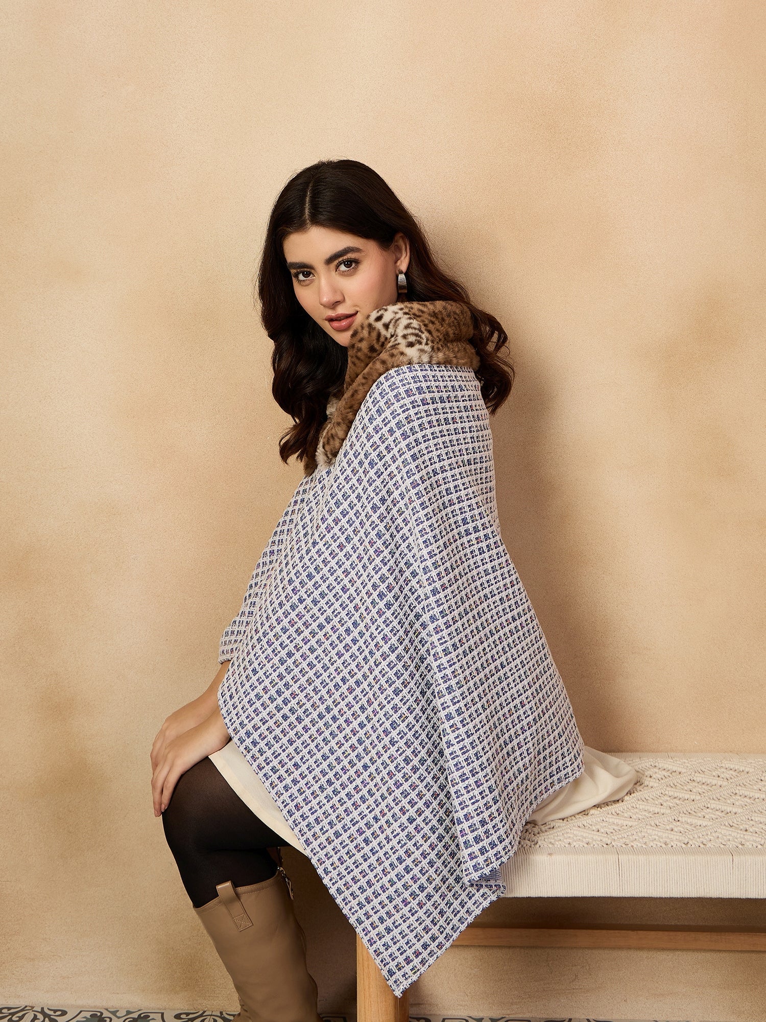 Women's Blue White Check Acrylic Fur Poncho - InWeave