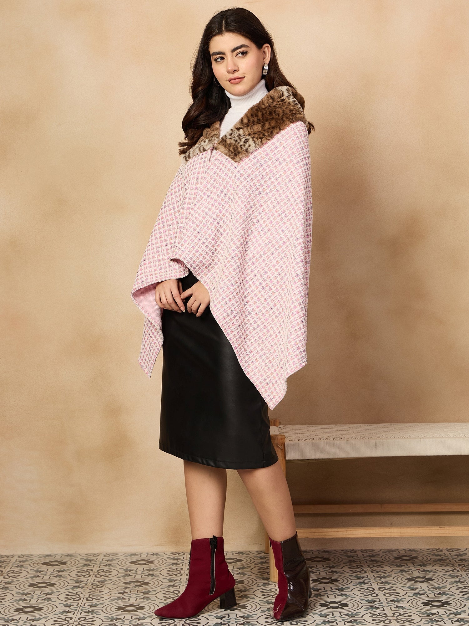 Women's Pink White Check Acrylic Fur Poncho - InWeave