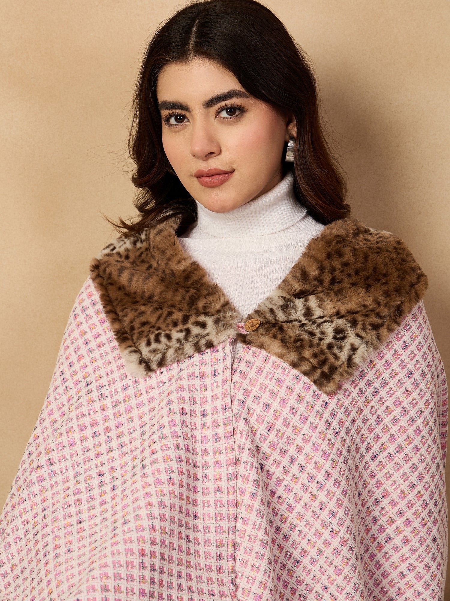 Women's Pink White Check Acrylic Fur Poncho - InWeave