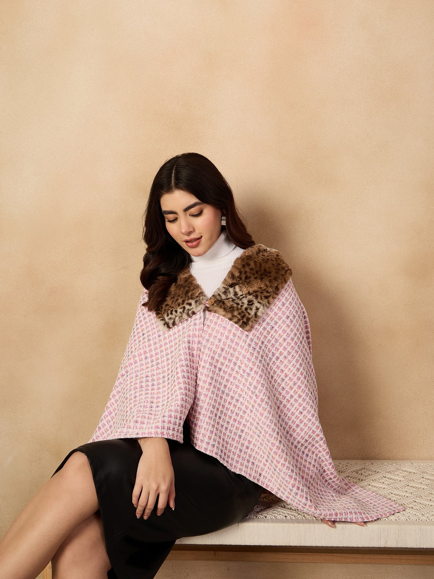 Women's Pink White Check Acrylic Fur Poncho - InWeave