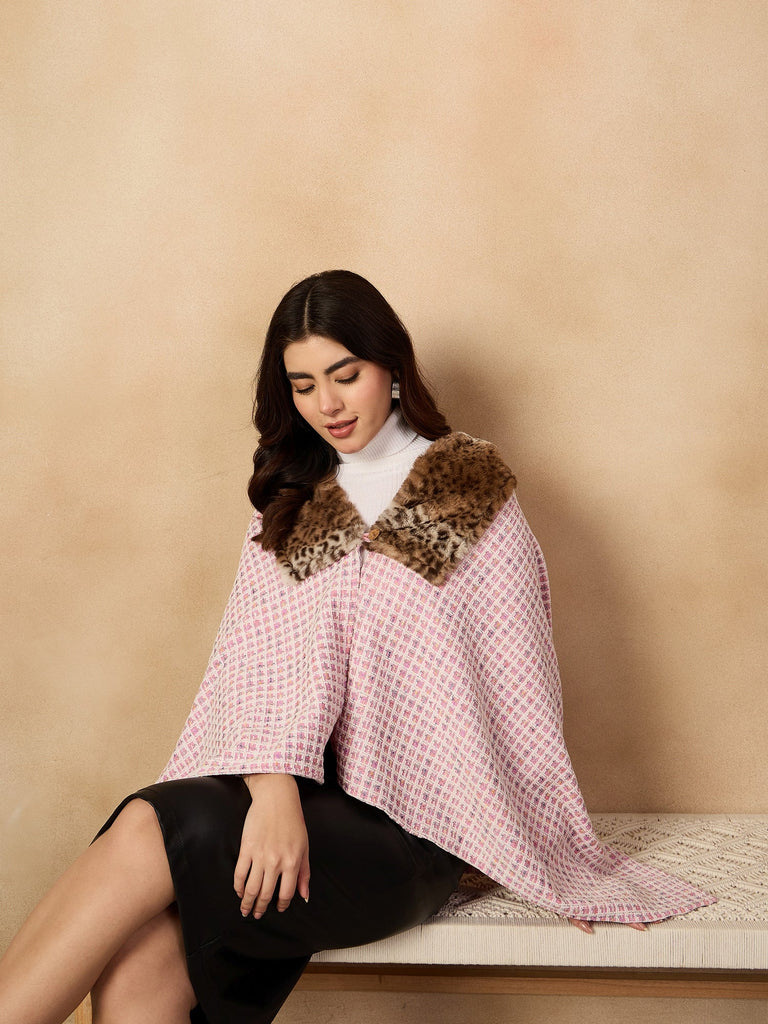Women's Pink White Check Acrylic Fur Poncho