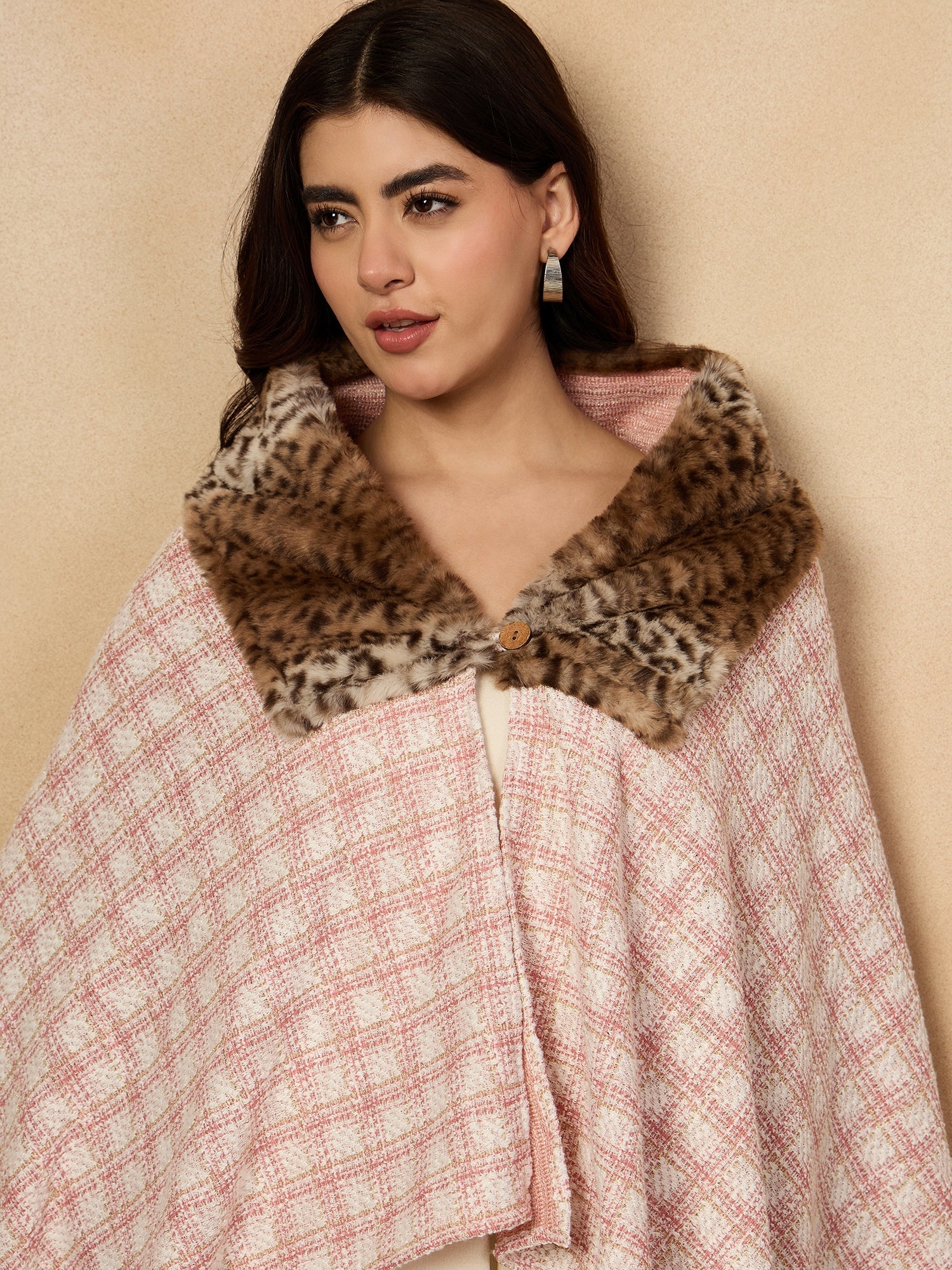 Women's Peach White Big Check Acrylic Fur Poncho - InWeave