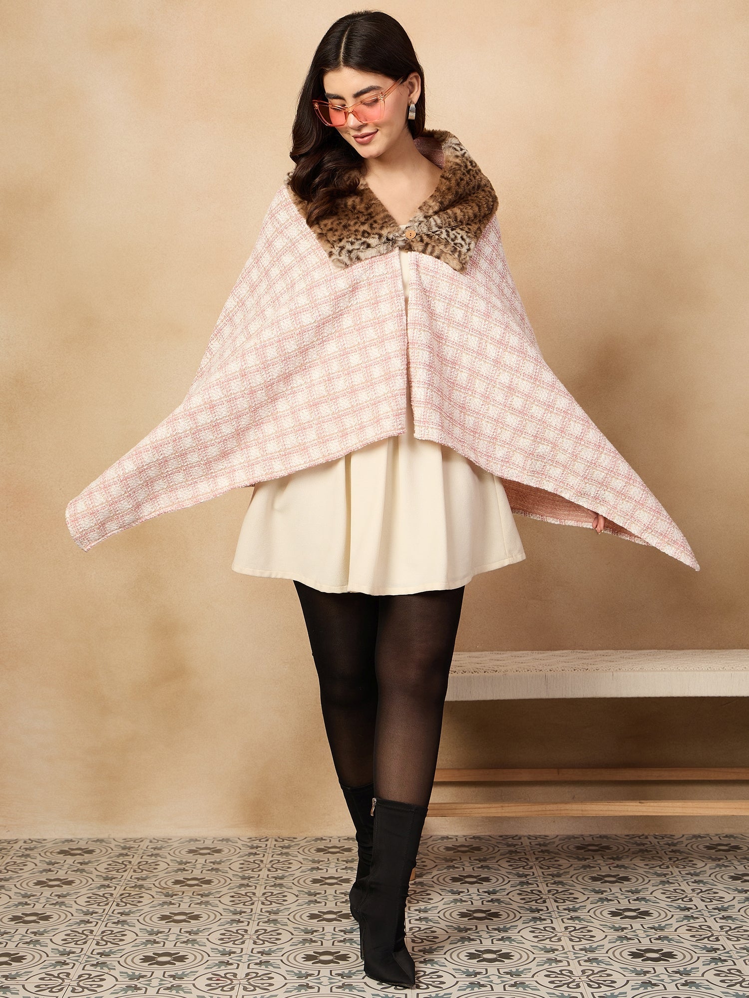 Women's Peach White Big Check Acrylic Fur Poncho - InWeave