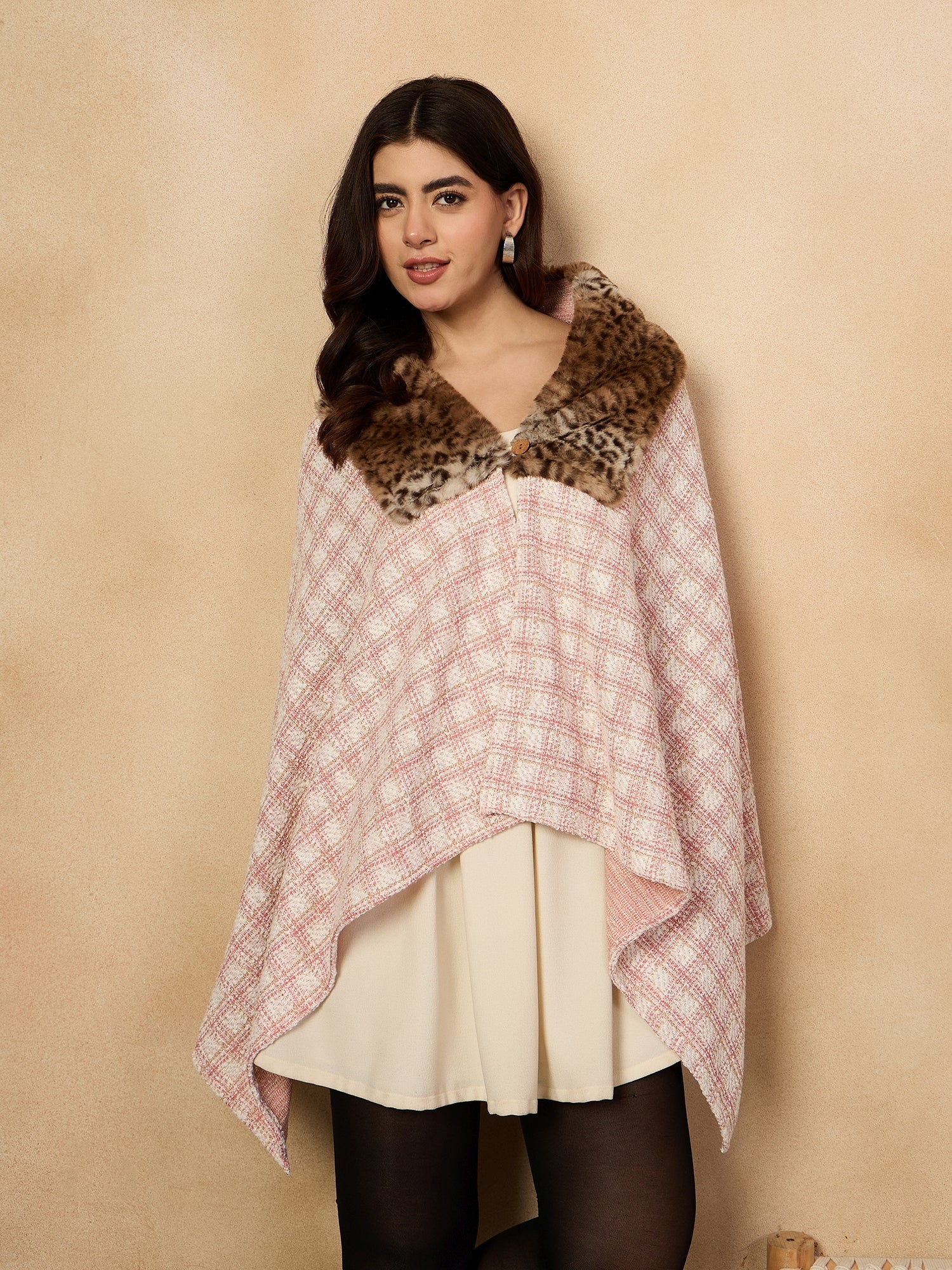 Women's Peach White Big Check Acrylic Fur Poncho - InWeave