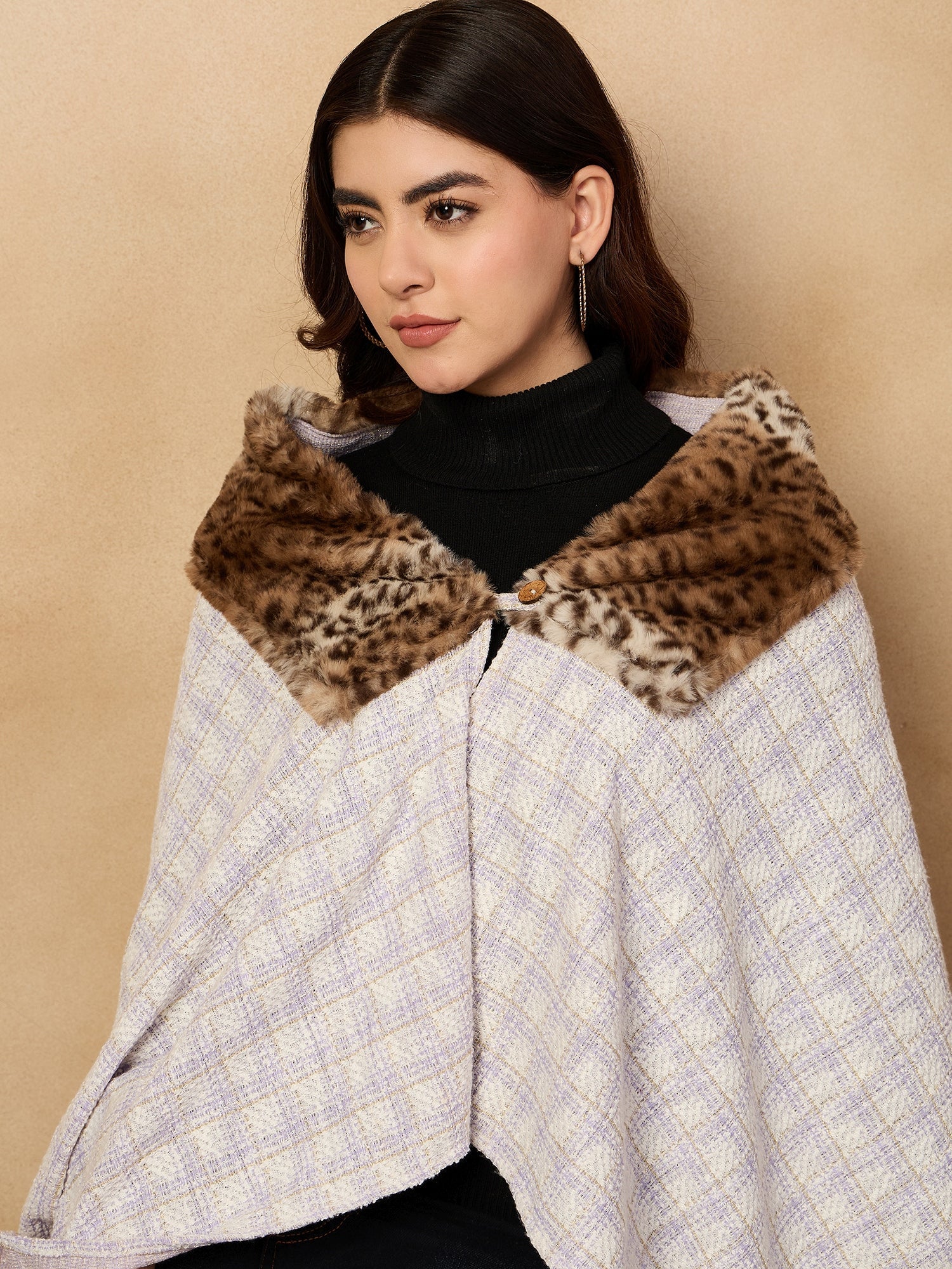 Women's Mauve White Big Check Acrylic Fur Poncho - InWeave