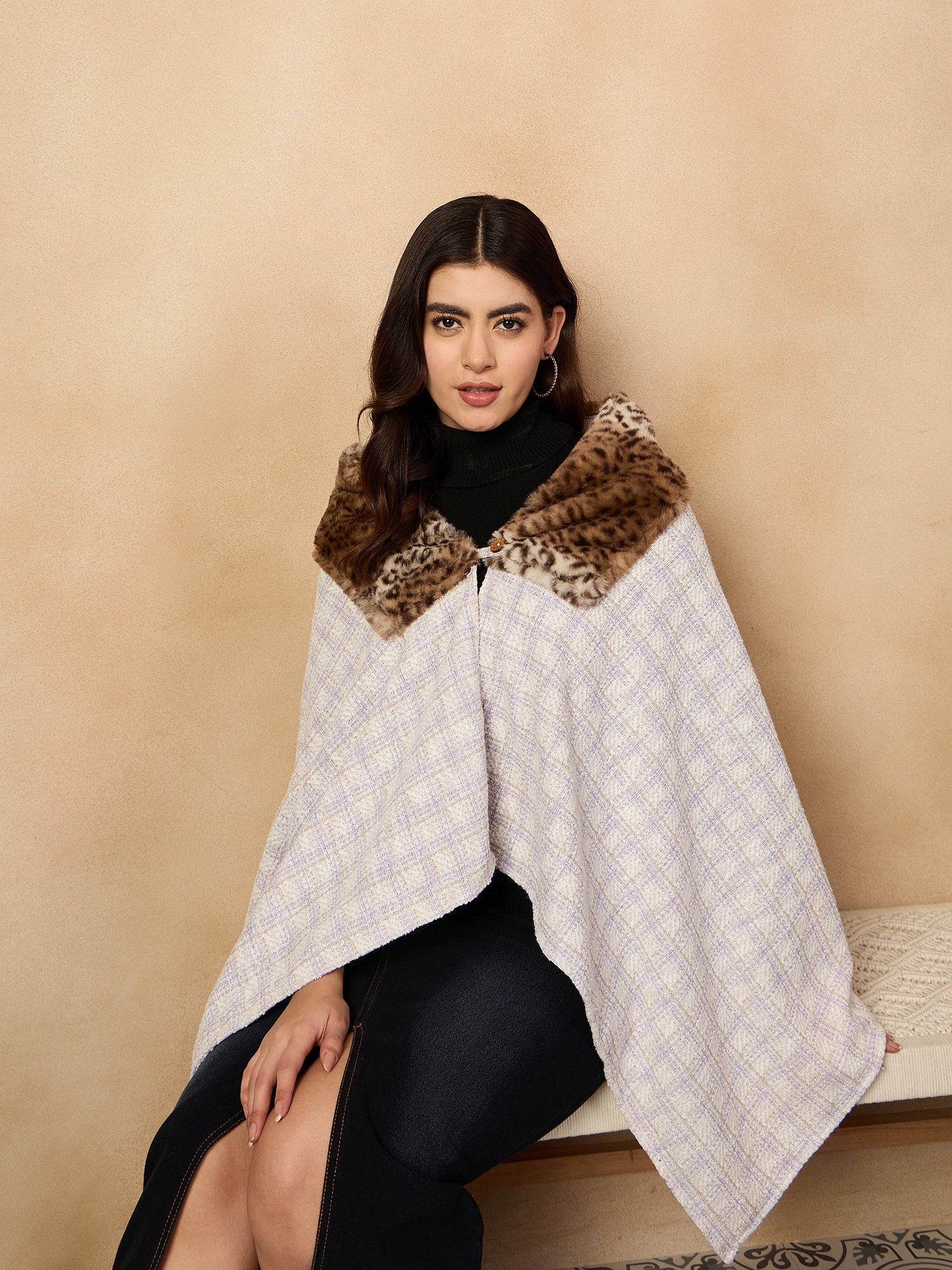 Women's Mauve White Big Check Acrylic Fur Poncho - InWeave