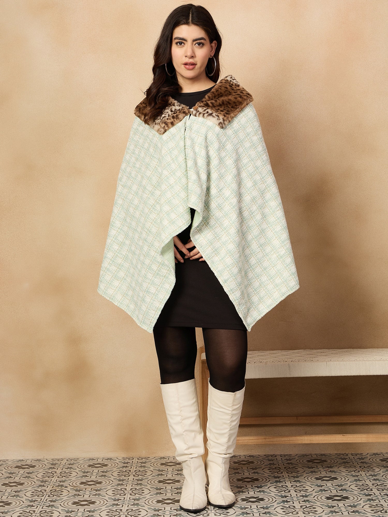 Women's Green White Big Check Acrylic Fur Poncho - InWeave