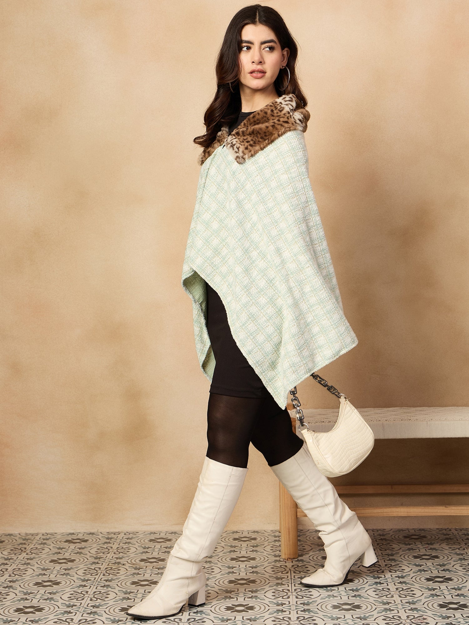 Women's Green White Big Check Acrylic Fur Poncho - InWeave