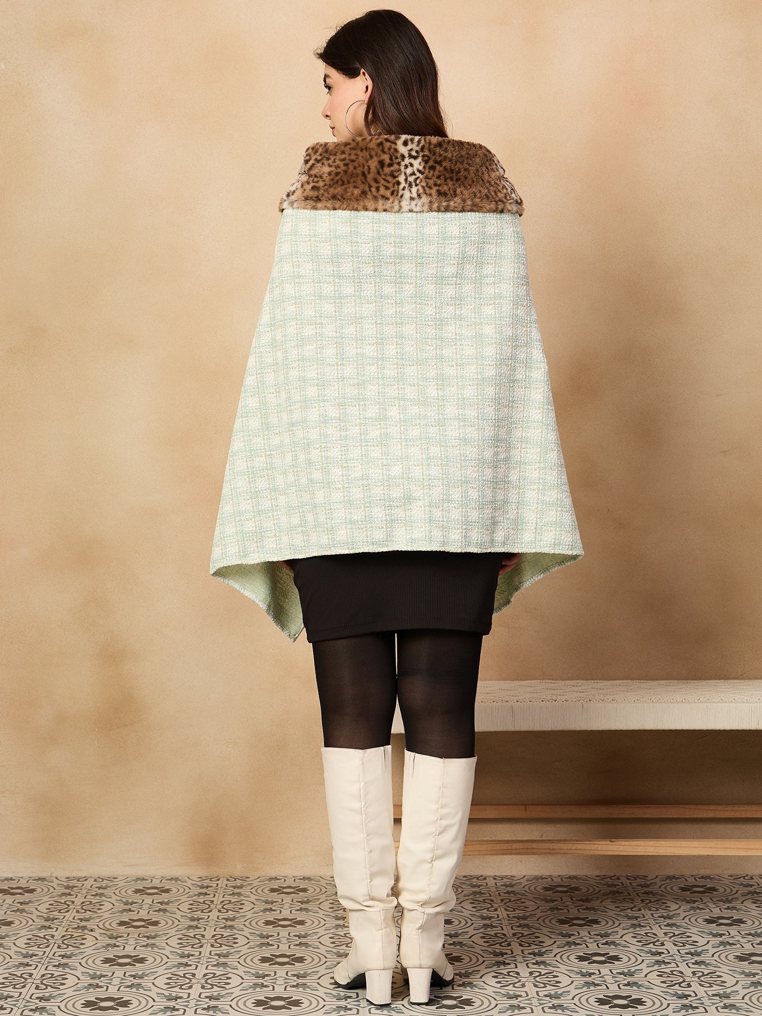 Women's Green White Big Check Acrylic Fur Poncho - InWeave