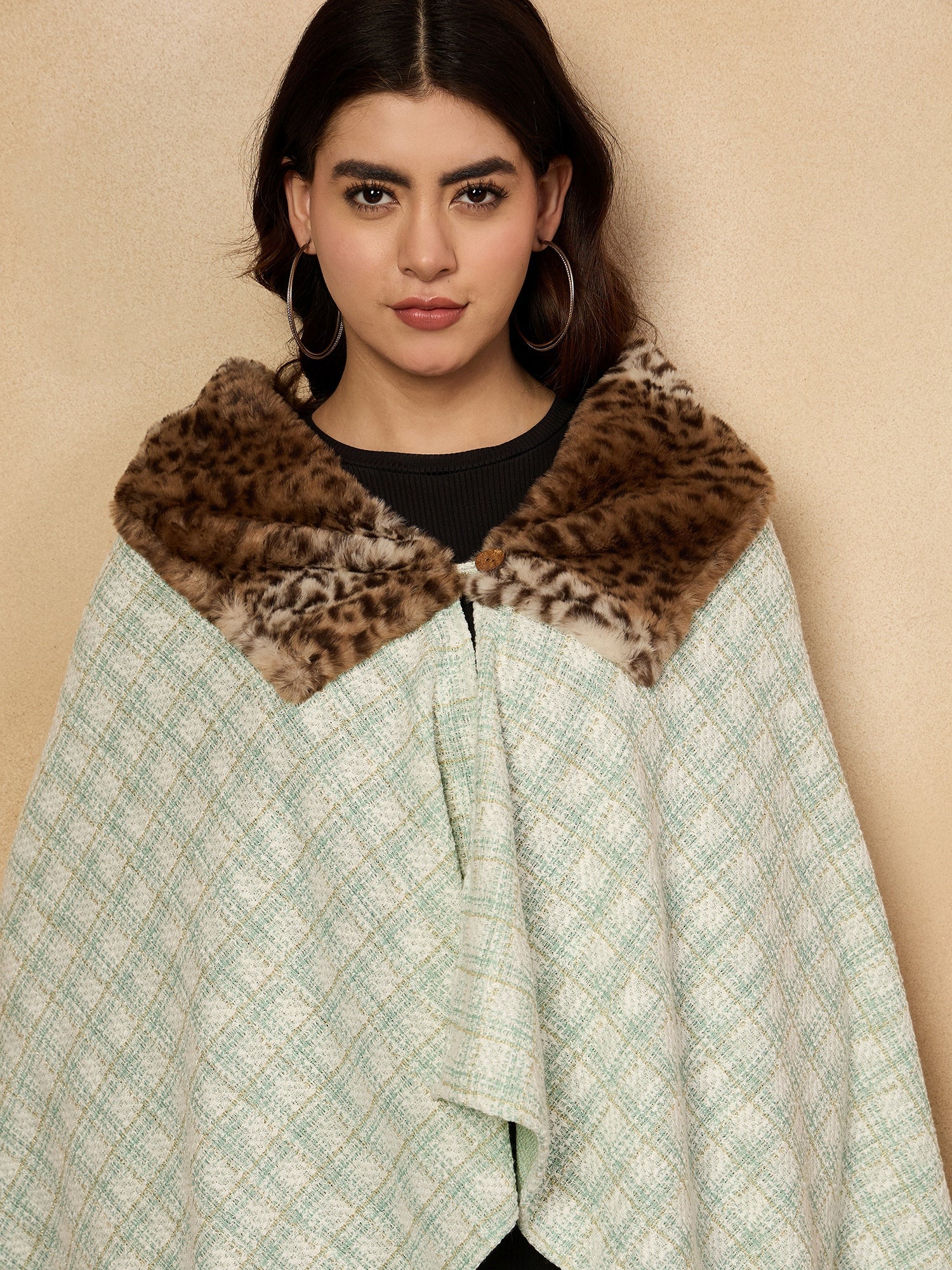 Women's Green White Big Check Acrylic Fur Poncho - InWeave