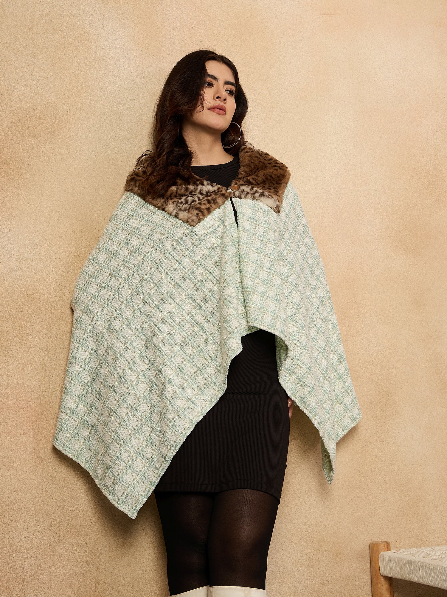 Women's Green White Big Check Acrylic Fur Poncho - InWeave