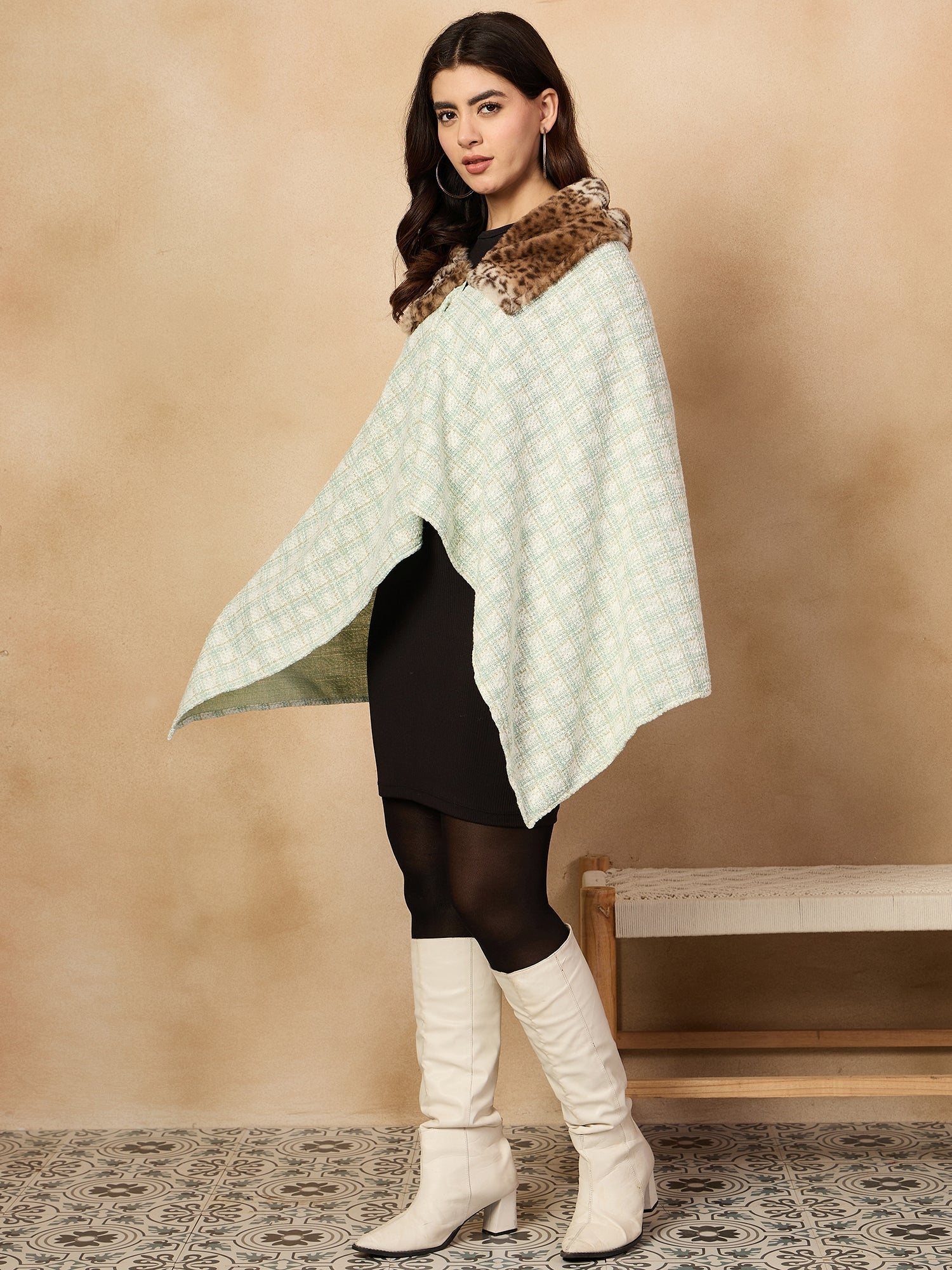 Women's Green White Big Check Acrylic Fur Poncho - InWeave