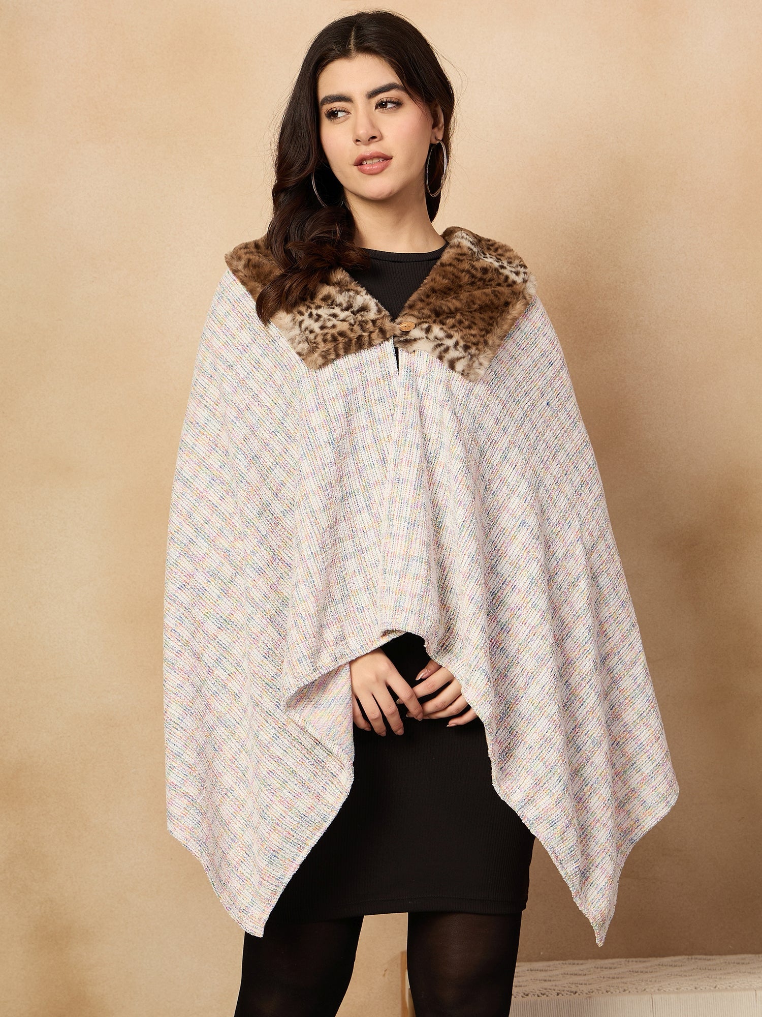 Women's Multi White Acrylic Fur Poncho - InWeave