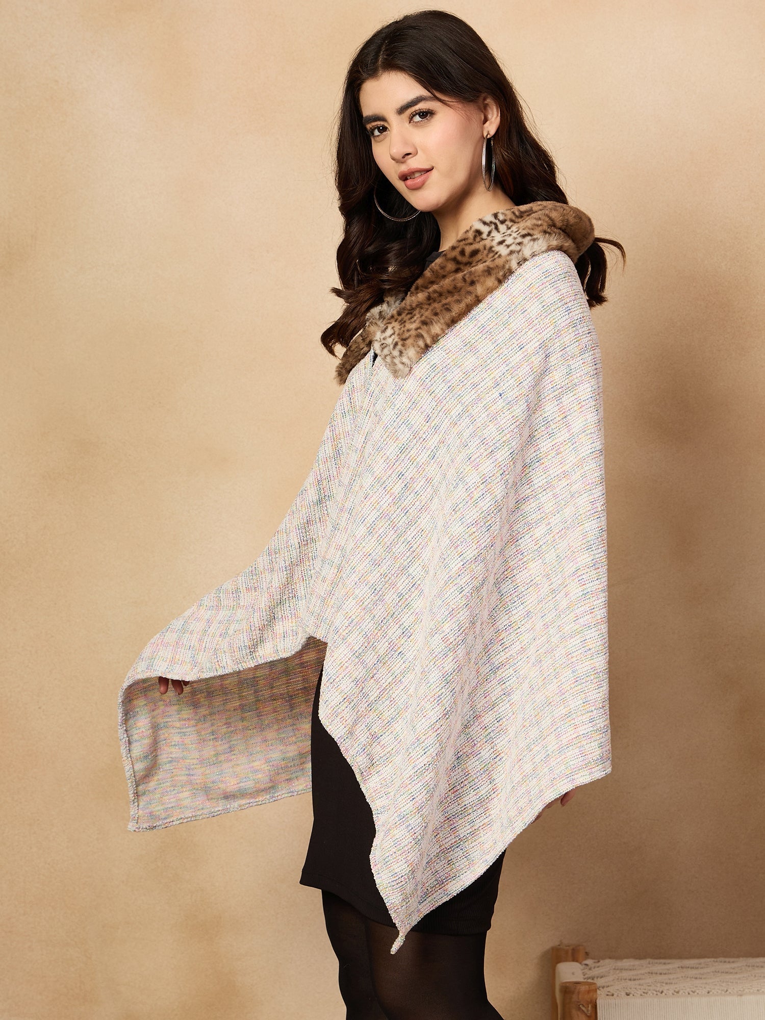 Women's Multi White Acrylic Fur Poncho - InWeave