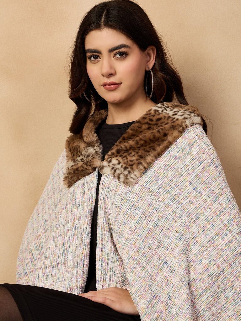 Women's Multi White Acrylic Fur Poncho