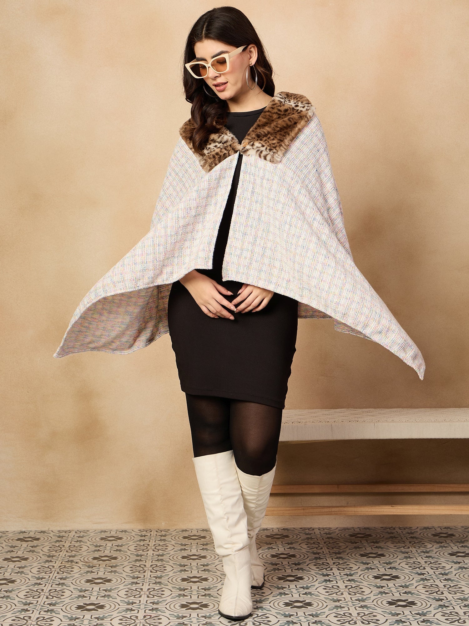 Women's Multi White Acrylic Fur Poncho - InWeave