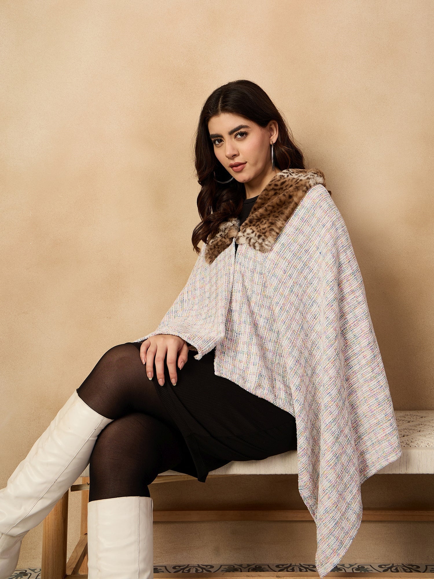 Women's Multi White Acrylic Fur Poncho - InWeave