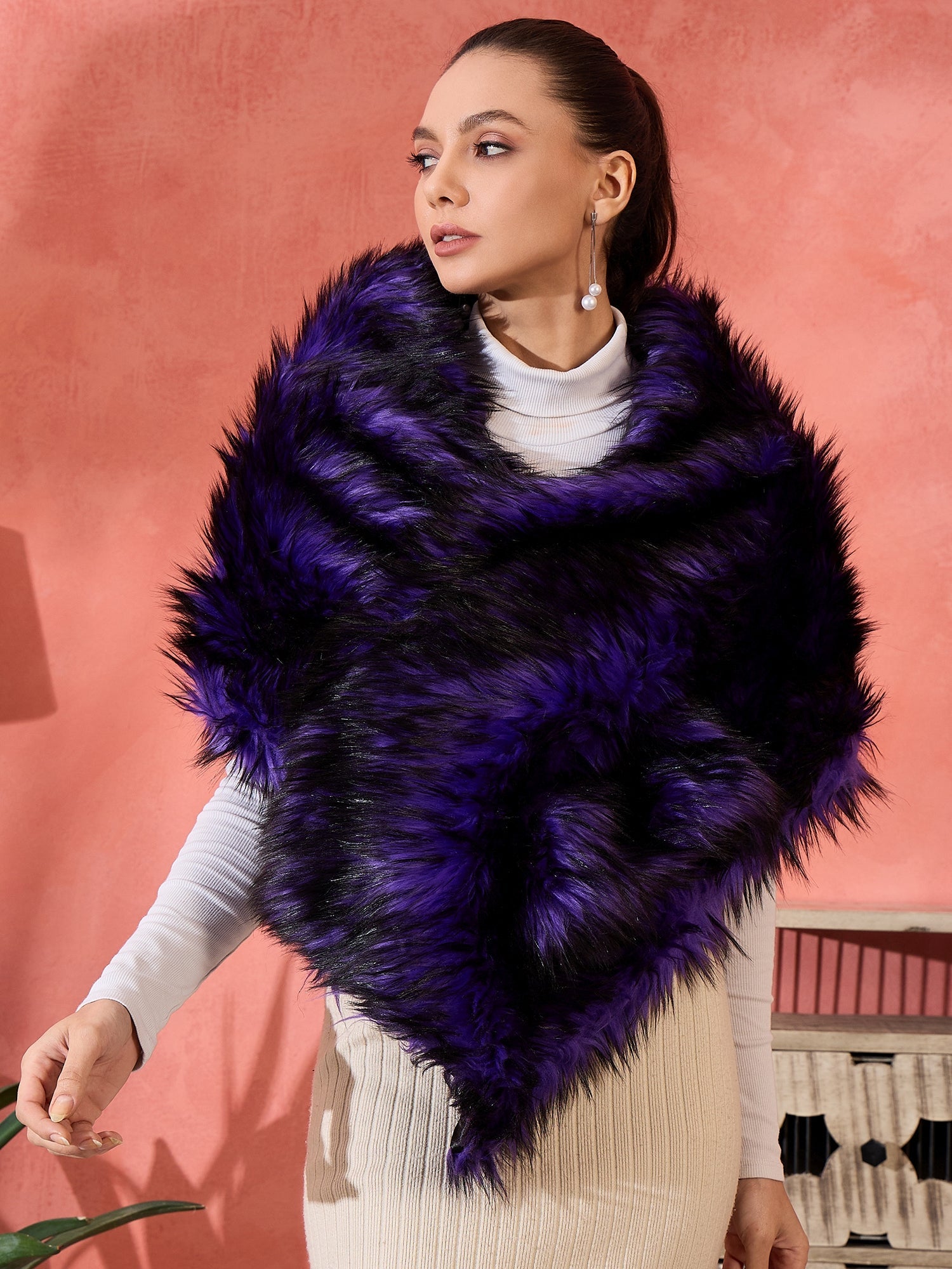 Women's Purple Black Faux Fur Cape - InWeave