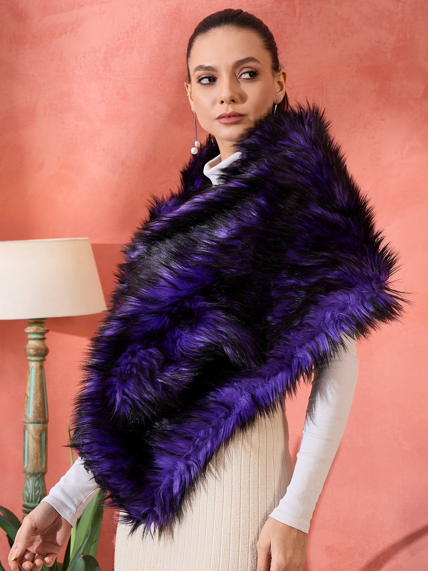 Women's Purple Black Faux Fur Cape - InWeave