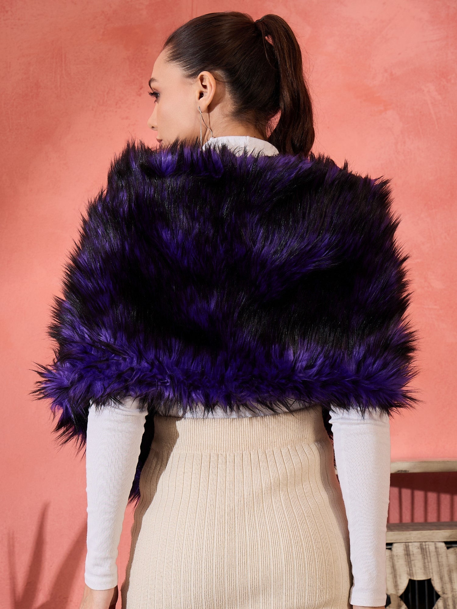 Women's Purple Black Faux Fur Cape - InWeave