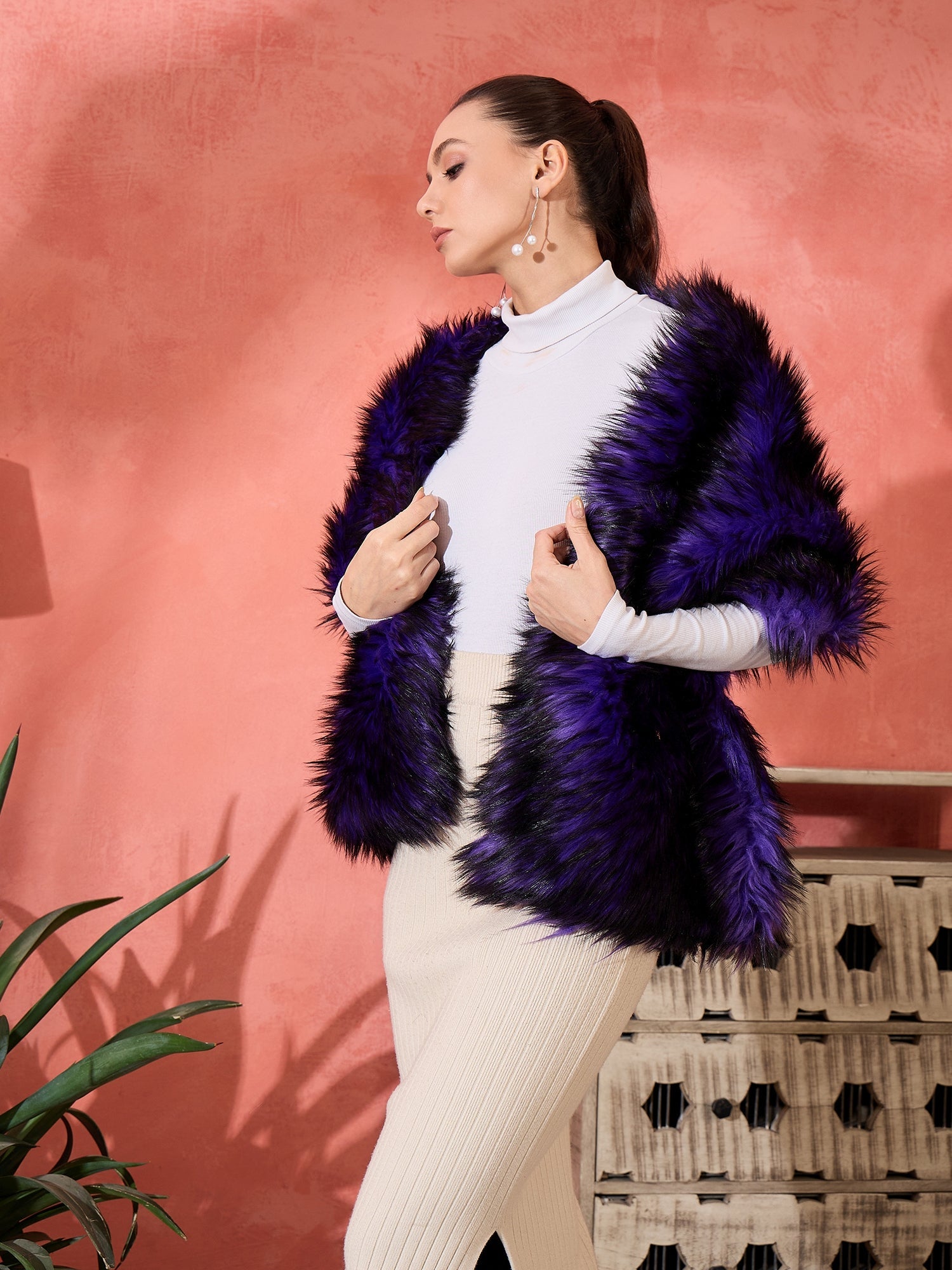 Women's Purple Black Faux Fur Cape - InWeave