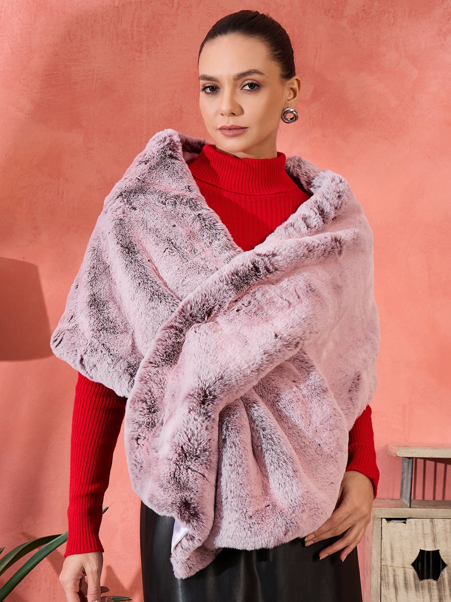 Women's Maroon Icy Snowy Rabbit Faux Fur Cape - InWeave