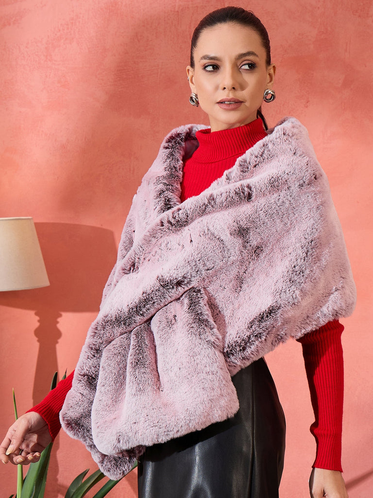 Women's Maroon Icy Snowy Rabbit Faux Fur Cape