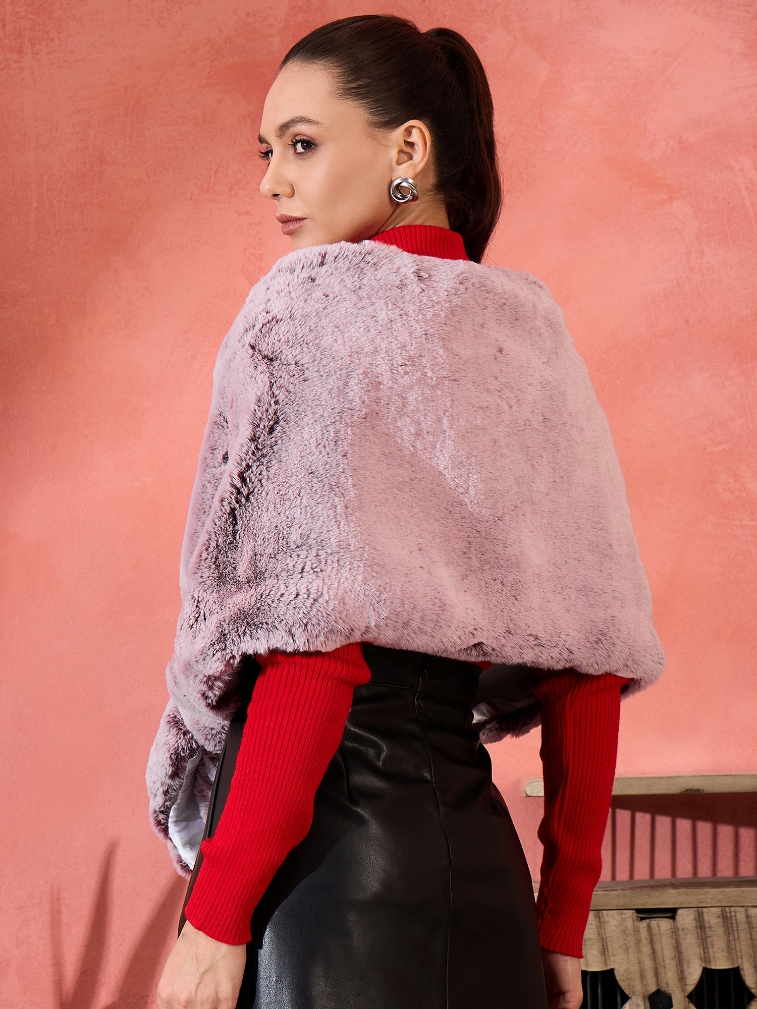 Women's Maroon Icy Snowy Rabbit Faux Fur Cape - InWeave