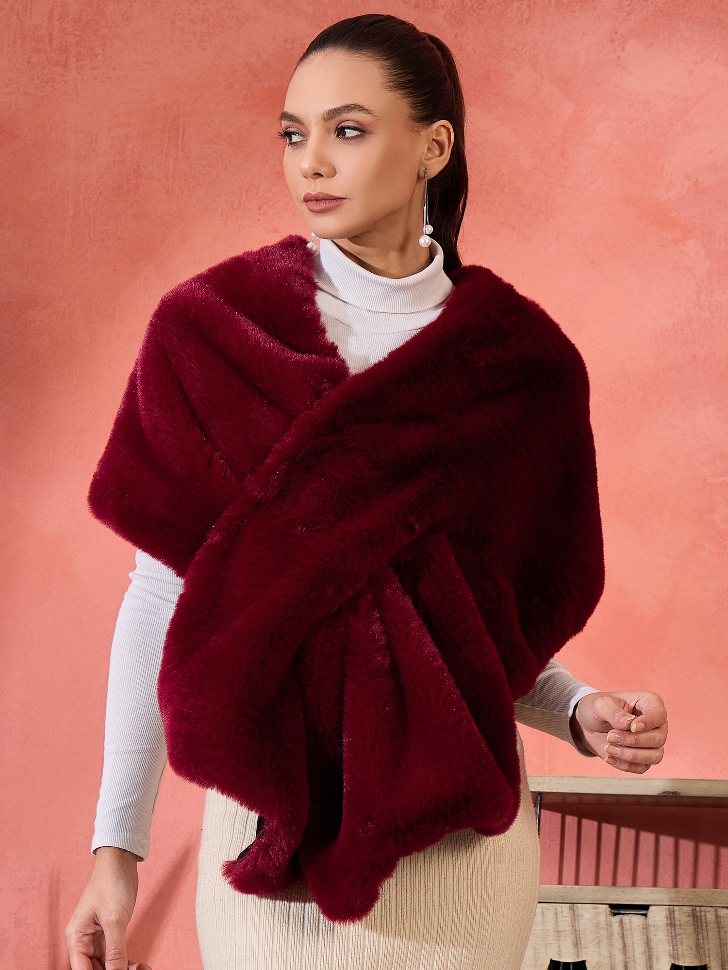 Women's Burgundy Faux Fur Cape - InWeave